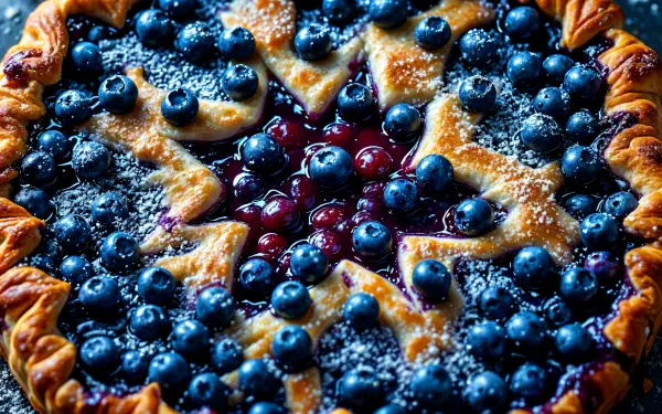 A mouthwatering blueberry pie topped with shiny blueberries and a golden crust, showcased in vibrant detail for a stunning 4K Ultra HD desktop wallpaper.