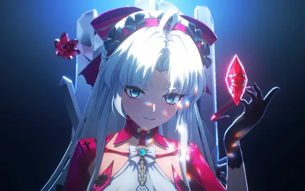 Wuthering Waves HD wallpaper featuring Carlotta, a character with silver hair and a striking red outfit, holding a glowing crystal, set against a dramatic blue background.
