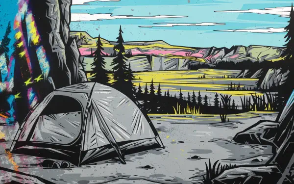 A vibrant illustration of tent camping, featuring a gray tent set against a stunning backdrop of mountains and pine trees, captured in vivid 4K Ultra HD quality.