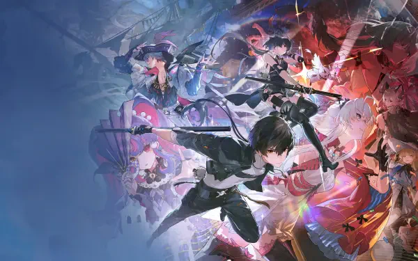 Wuthering Waves 4K Ultra HD PC desktop wallpaper featuring dynamic anime-style characters in vibrant, action-packed composition with contrasting blue and red hues.