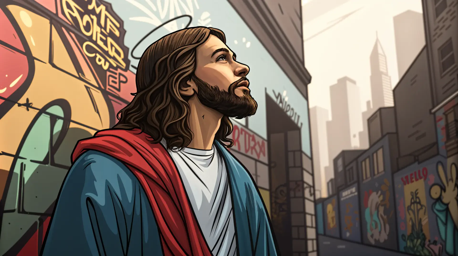 A vibrant 4K Ultra HD wallpaper featuring an artistic depiction of Jesus gazing upward in an urban environment adorned with graffiti.
