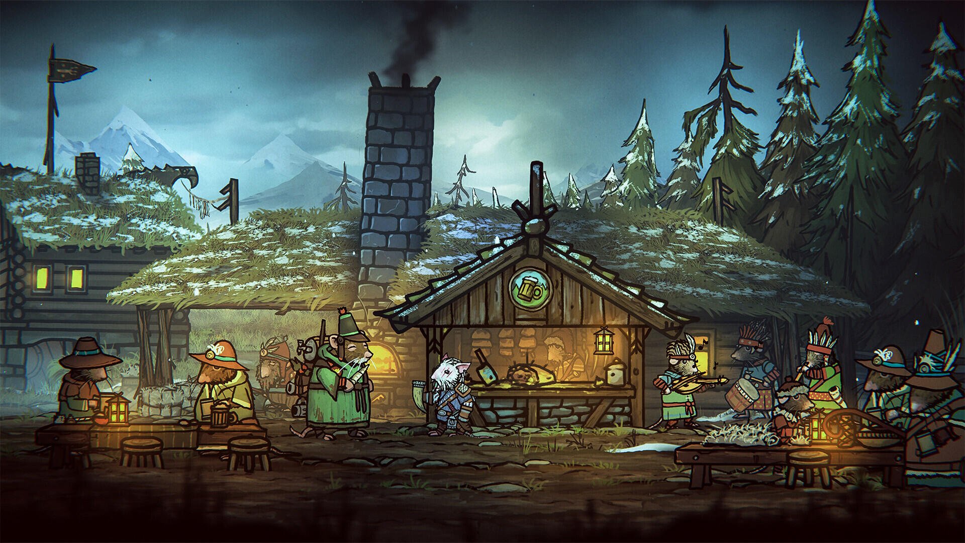 A atmospheric scene from Tails of Iron 2: Whiskers of Winter, depicting a cozy town amidst snowy mountains, where characters engage in activities around a rustic cabin.