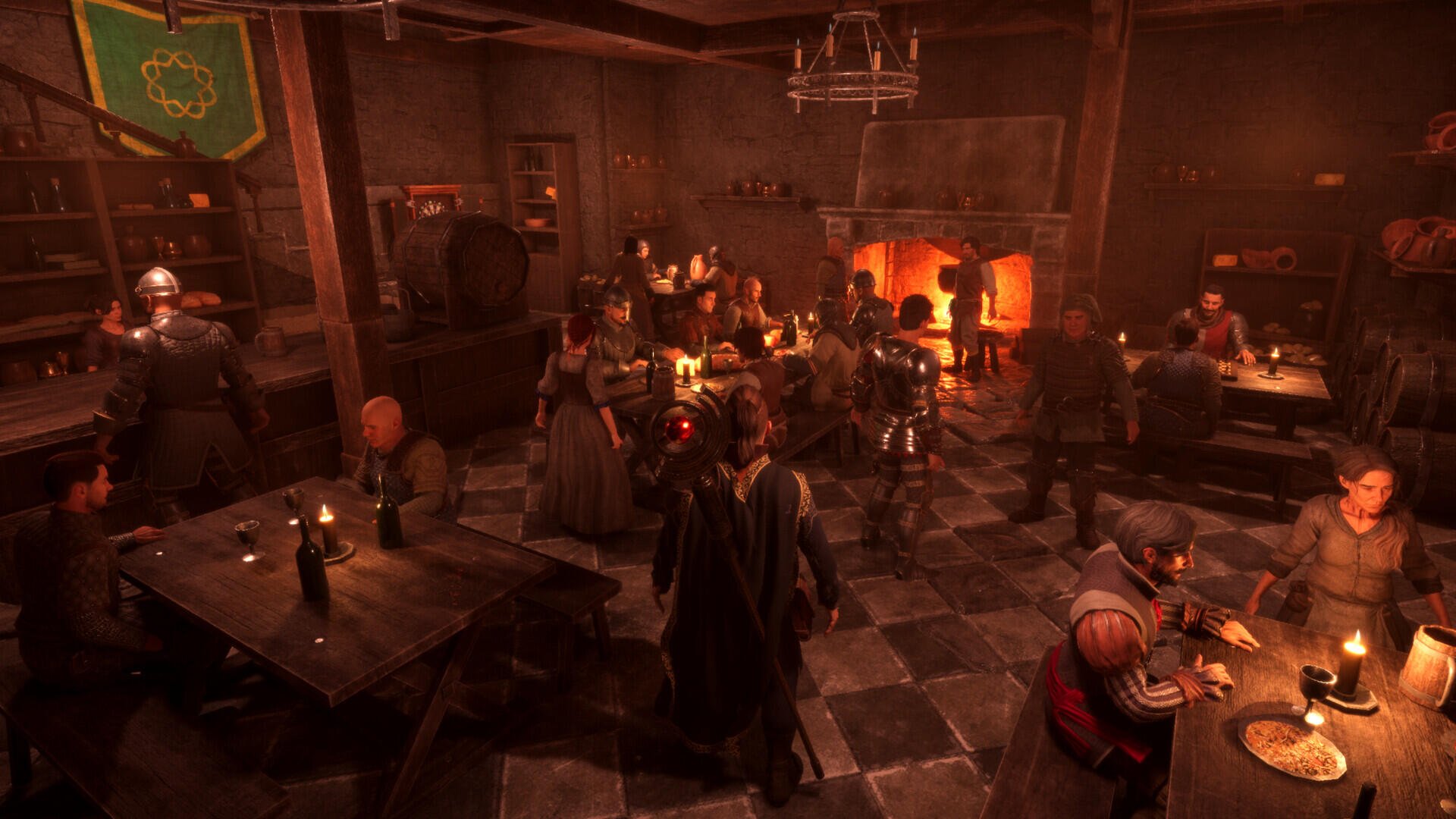 A vibrant scene from the video game The Quinfall, depicting a bustling tavern with characters mingling, dining, and enjoying a warm fire, showcased as an HD PC desktop wallpaper.