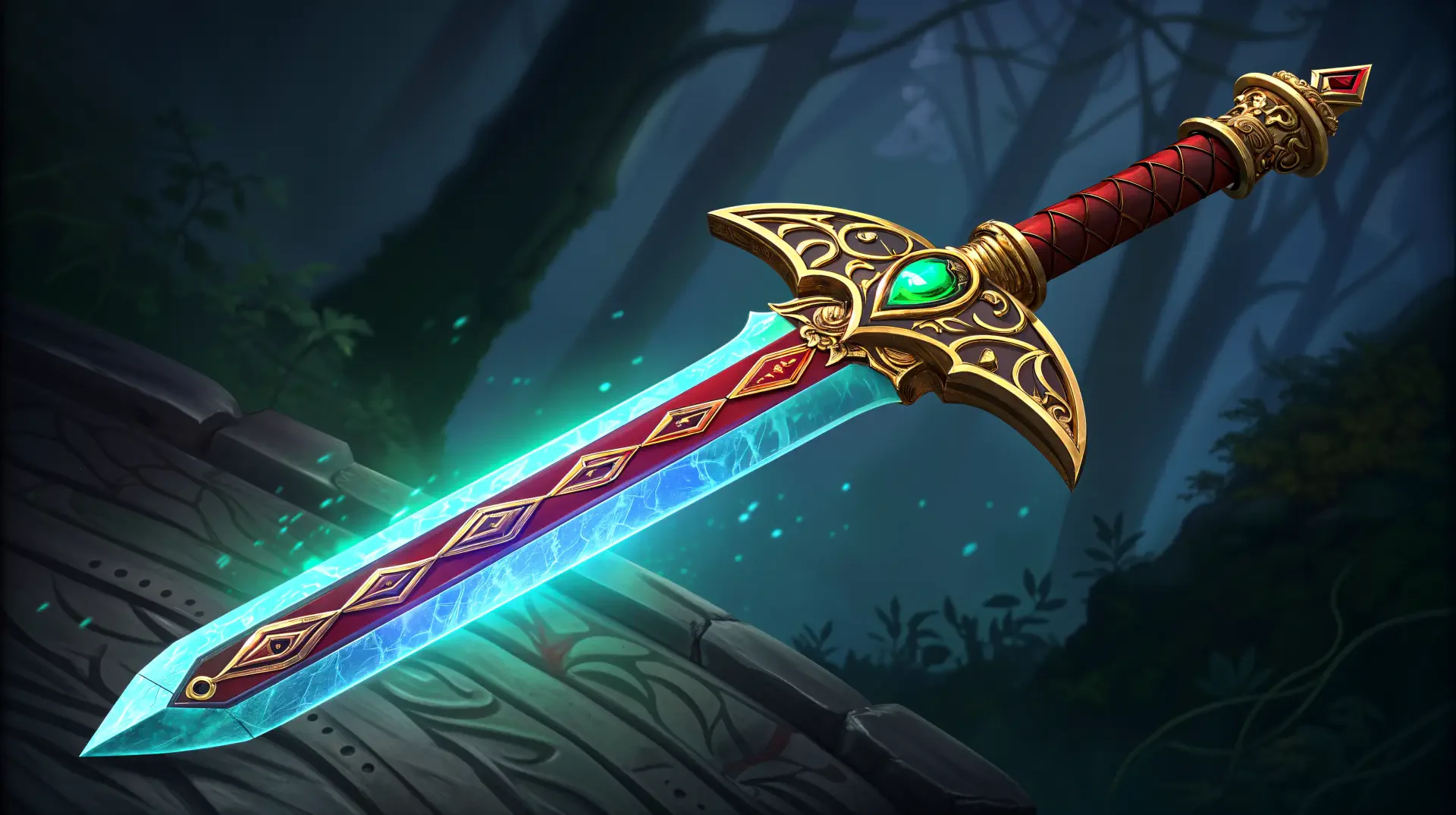 A legendary sword with intricate designs and a glowing blade rests on a stone surface, surrounded by a mystical forest backdrop in stunning 4K Ultra HD.