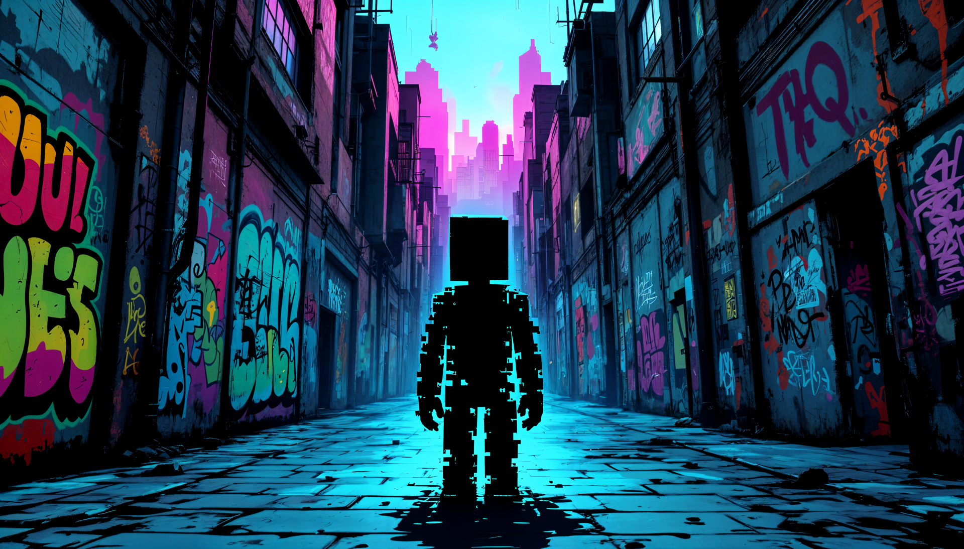 A stylized figure with a blocky head stands in a vibrant, graffiti-covered alleyway, illuminated by a surreal glow, evoking a 'soulless' atmosphere in this 4K Ultra HD desktop wallpaper.
