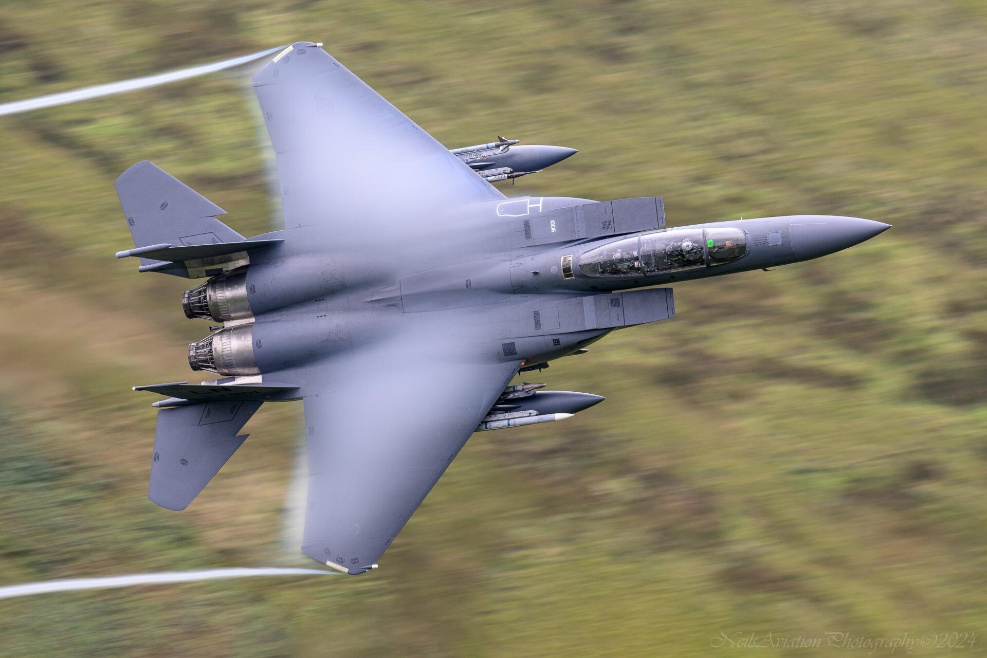 HD desktop wallpaper of a McDonnell Douglas F-15 Eagle military aircraft flying at high speed over a blurred green landscape.