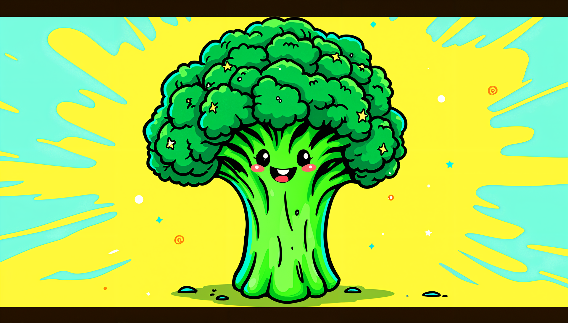 A cute cartoon broccoli vegetable illustration with a happy face, designed as a vibrant 4K Ultra HD PC desktop wallpaper and background.