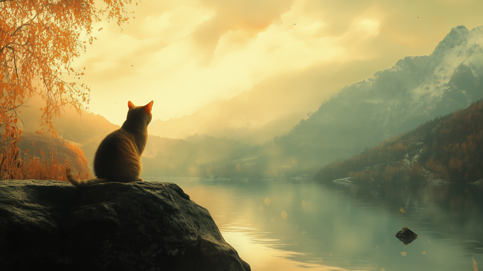 A cat sits alone on a rock overlooking a foggy lake surrounded by mountains, captured in an HD desktop wallpaper evoking solitude and serene natural beauty.