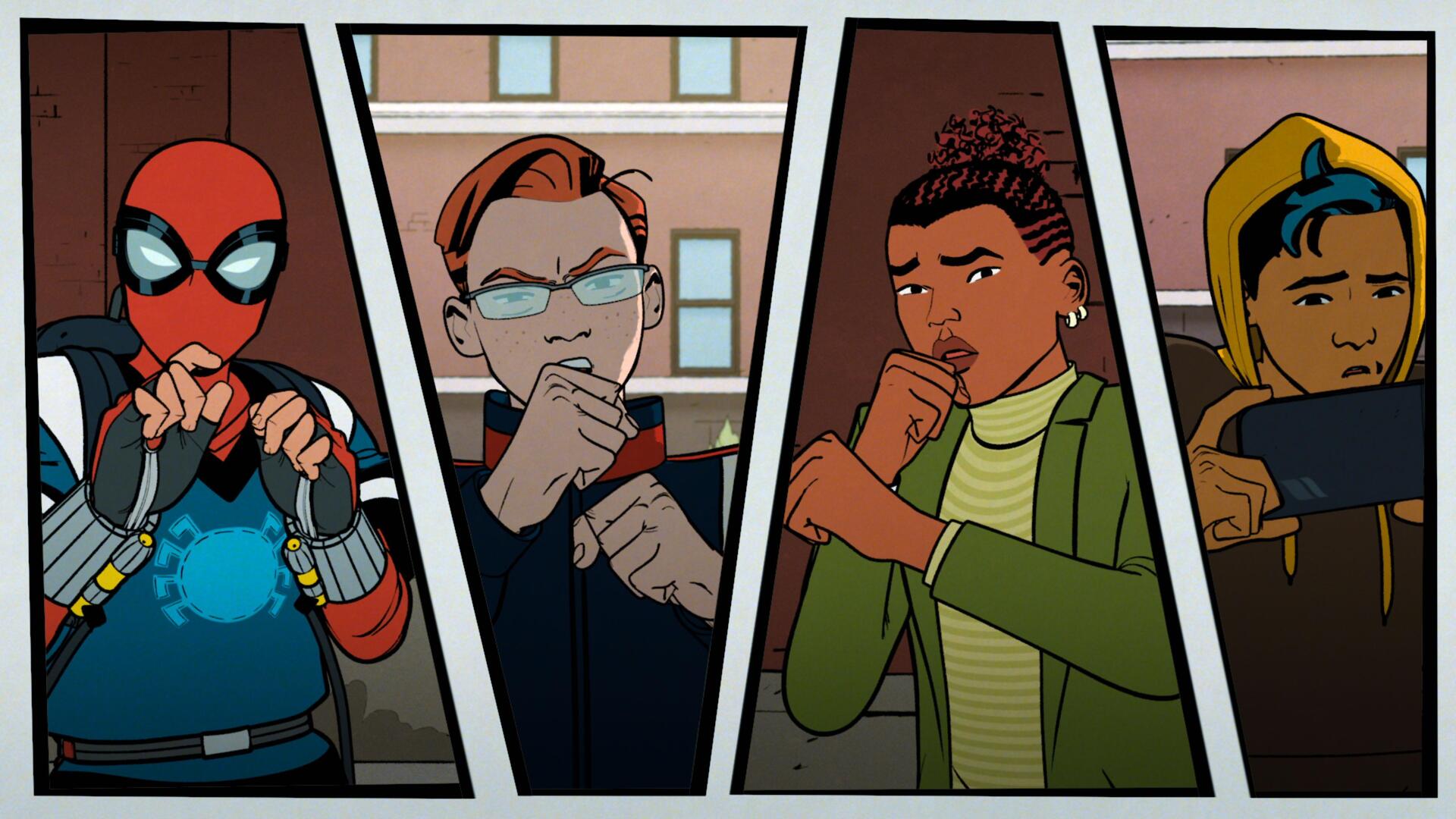 A vibrant 4K Ultra HD wallpaper featuring characters from Your Friendly Neighborhood Spider-Man, showcasing their unique expressions and teamwork in a dynamic comic-style layout.