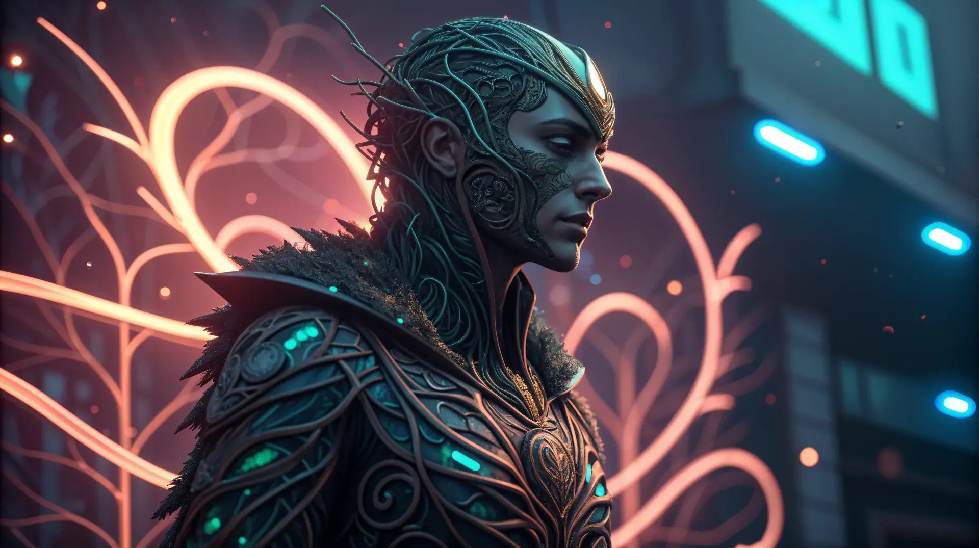 A stylized technomancer stands in profile, adorned with intricate patterns and glowing elements, set against a vibrant backdrop of swirling lights. A striking 4K Ultra HD wallpaper.