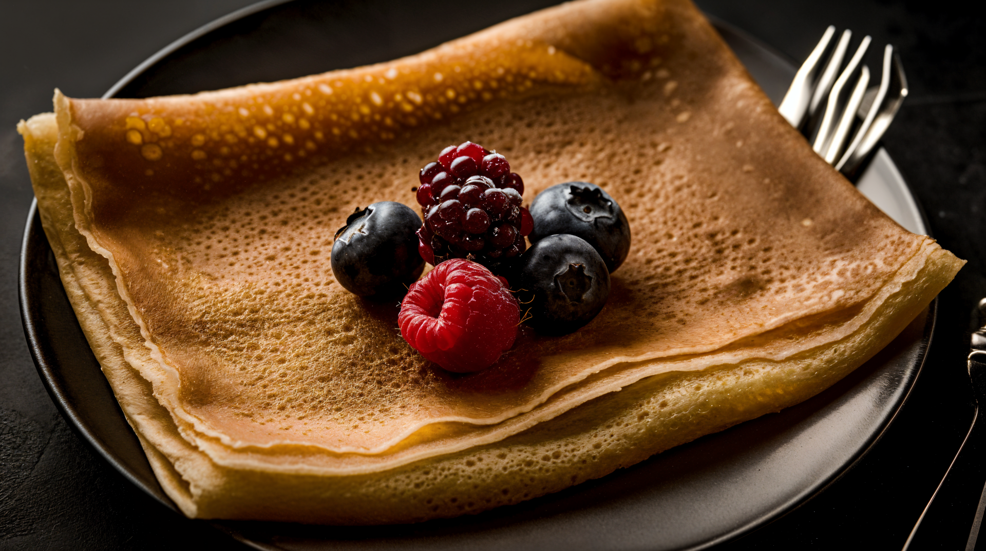 A delicious crêpe topped with fresh berries, presented on a sleek black plate, serves as an enticing 4K Ultra HD wallpaper and background.