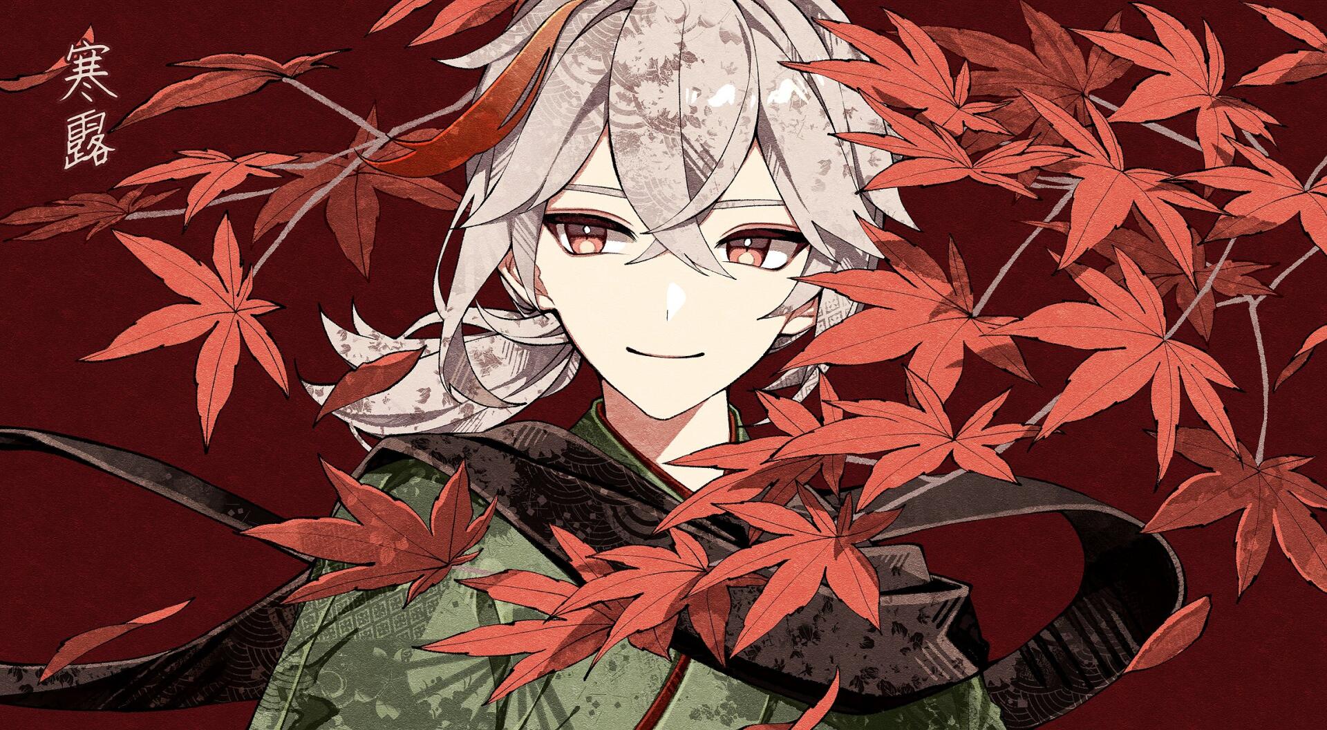 HD PC desktop wallpaper featuring Kaedehara Kazuha, a boy character from the video game Genshin Impact, surrounded by vibrant red maple leaves.
