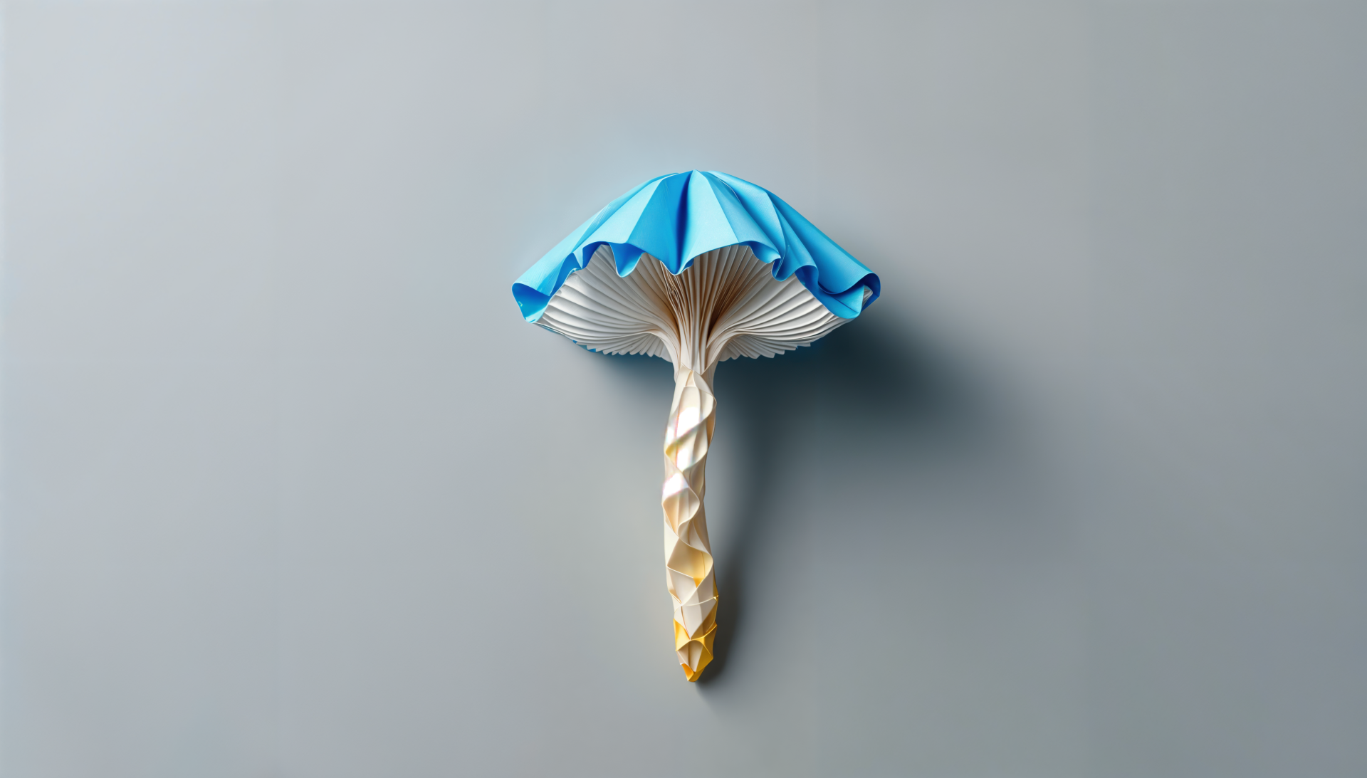 A creative blue origami mushroom with detailed gills and a twisted stem, designed as a 4K Ultra HD PC desktop wallpaper background.