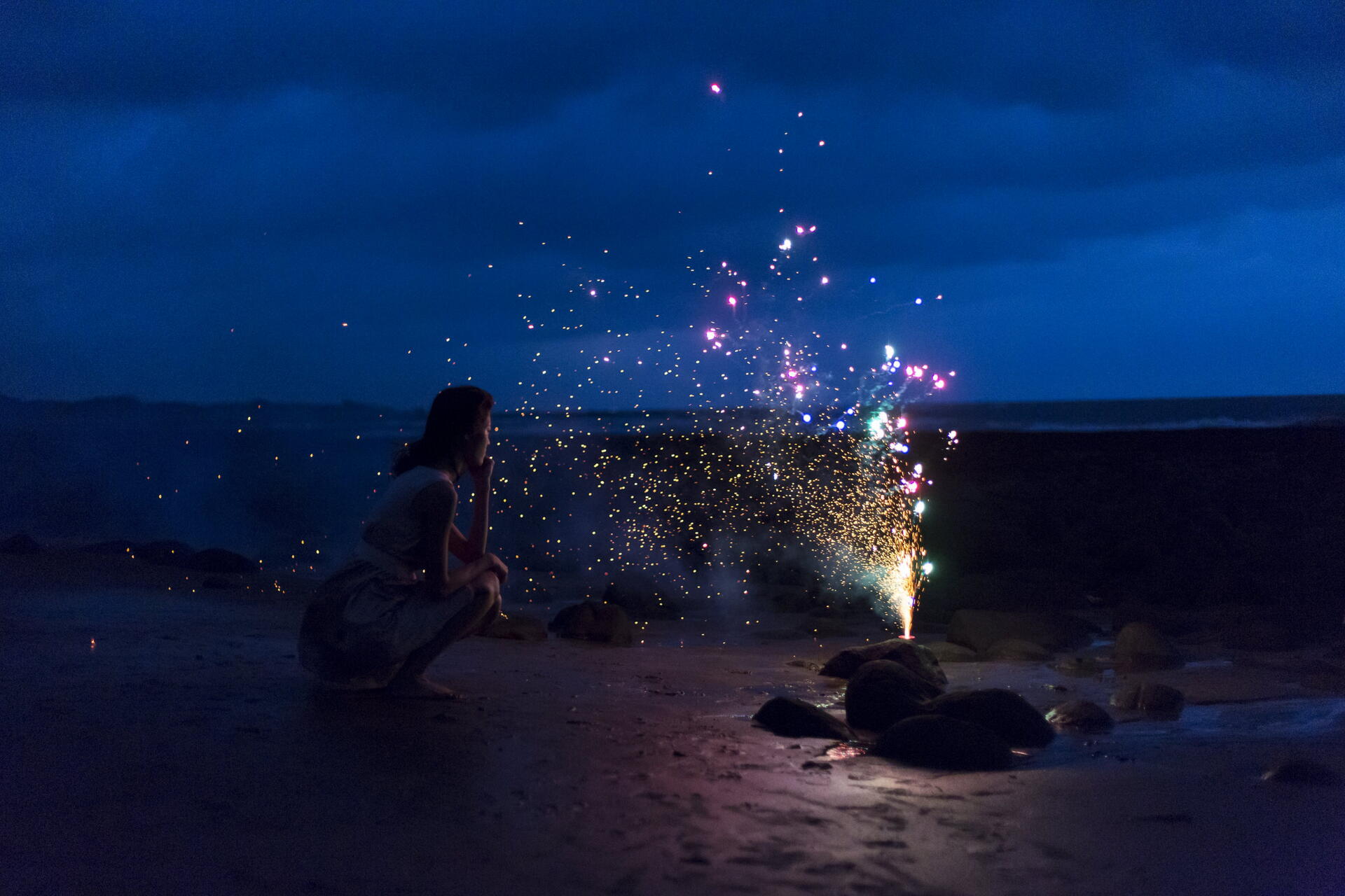 Download Woman Fireworks Night Beach 8k Ultra HD Wallpaper