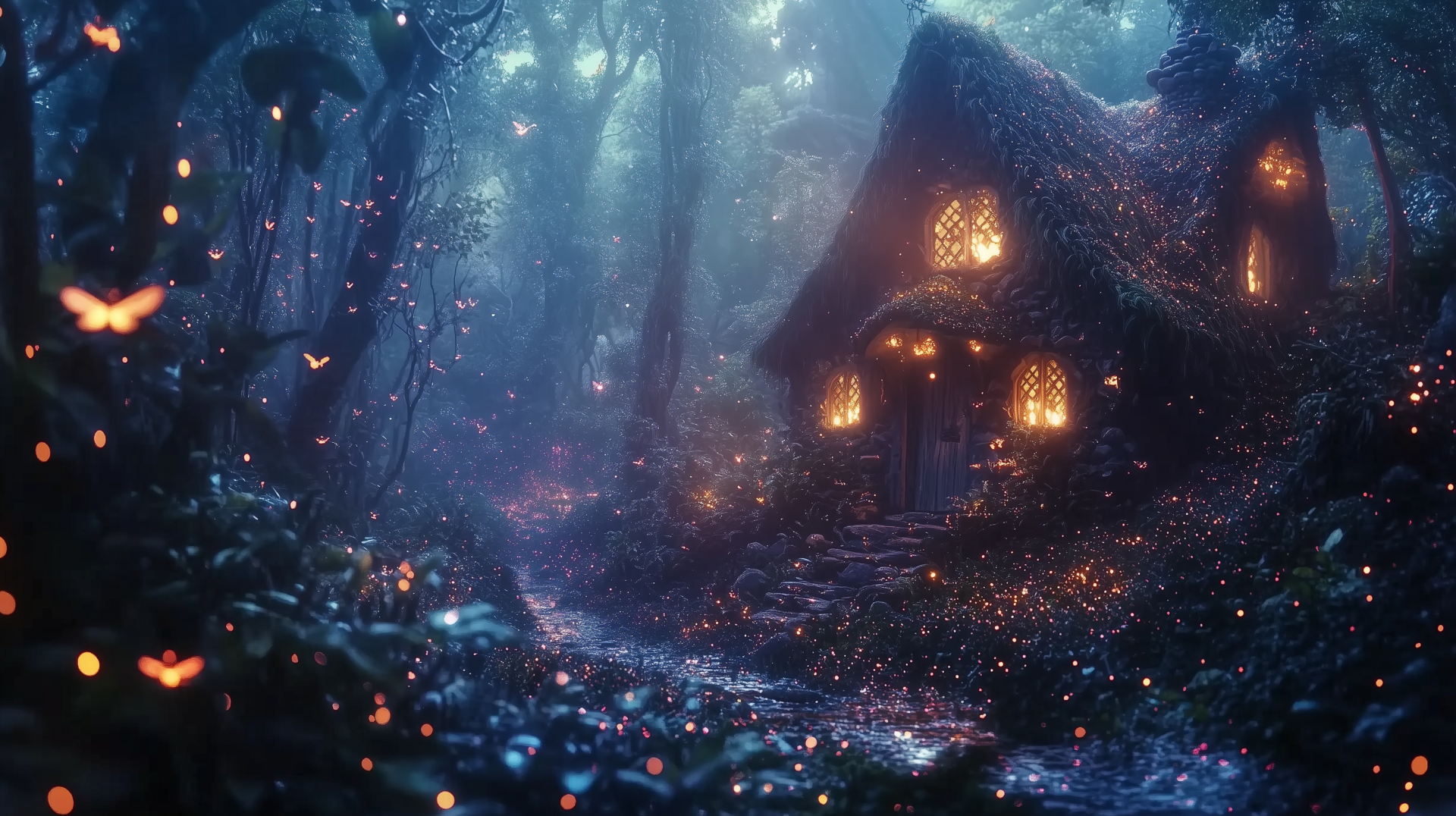 A magical, thatched cottage nestled in a forest, illuminated by warm, glowing windows. Fireflies dance amid a dreamy, enchanted atmosphere, creating a serene, fantasy scene.