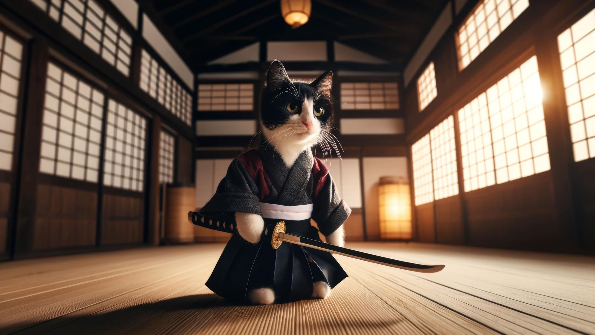 AI art of a cat dressed as a samurai inside a traditional Japanese room, rendered in 8K Ultra HD for PC desktop wallpaper and background.