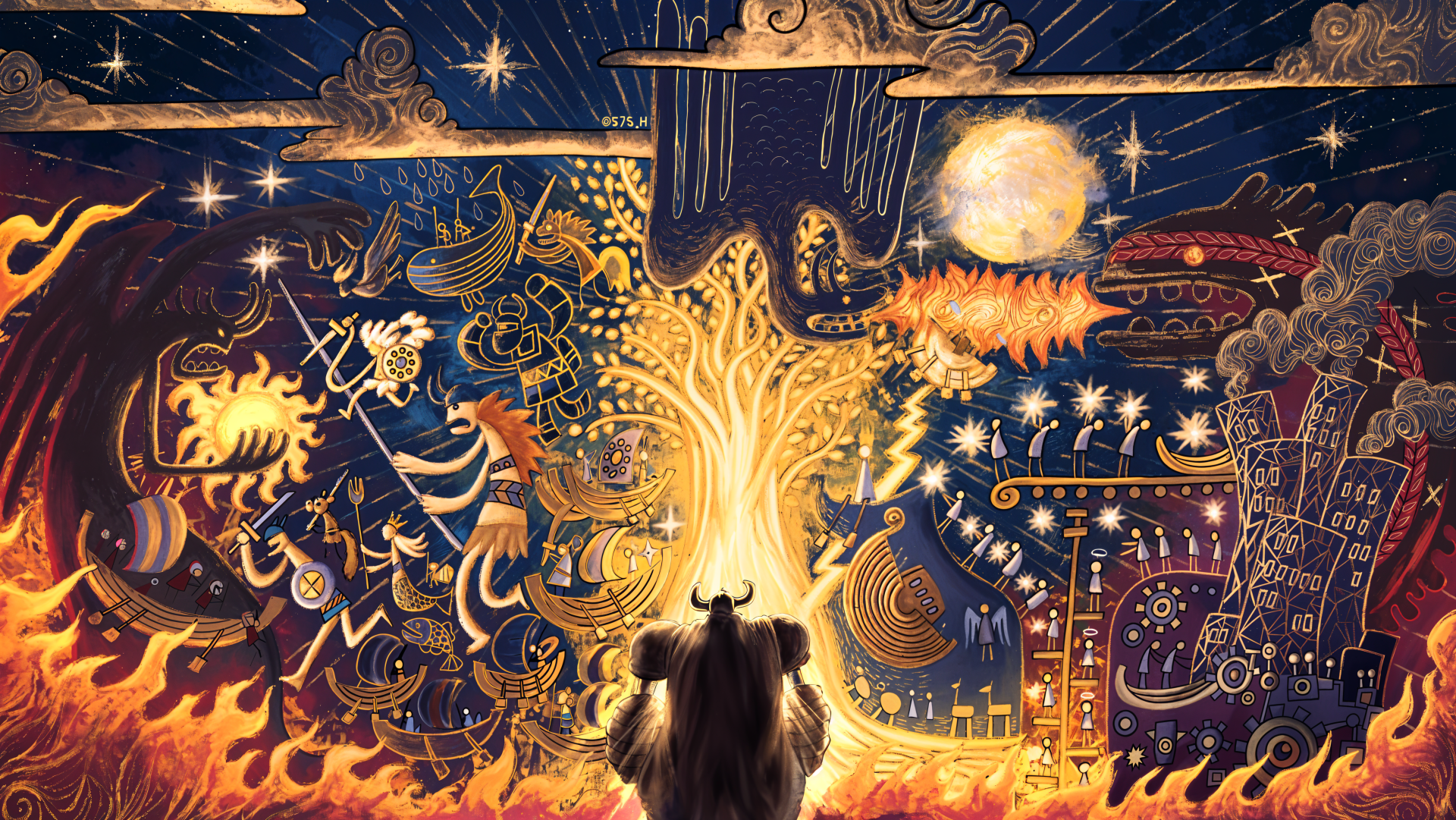 A detailed 4K Ultra HD anime wallpaper featuring Franky from One Piece, surrounded by vibrant, mystical murals and glowing celestial elements on a PC desktop background.