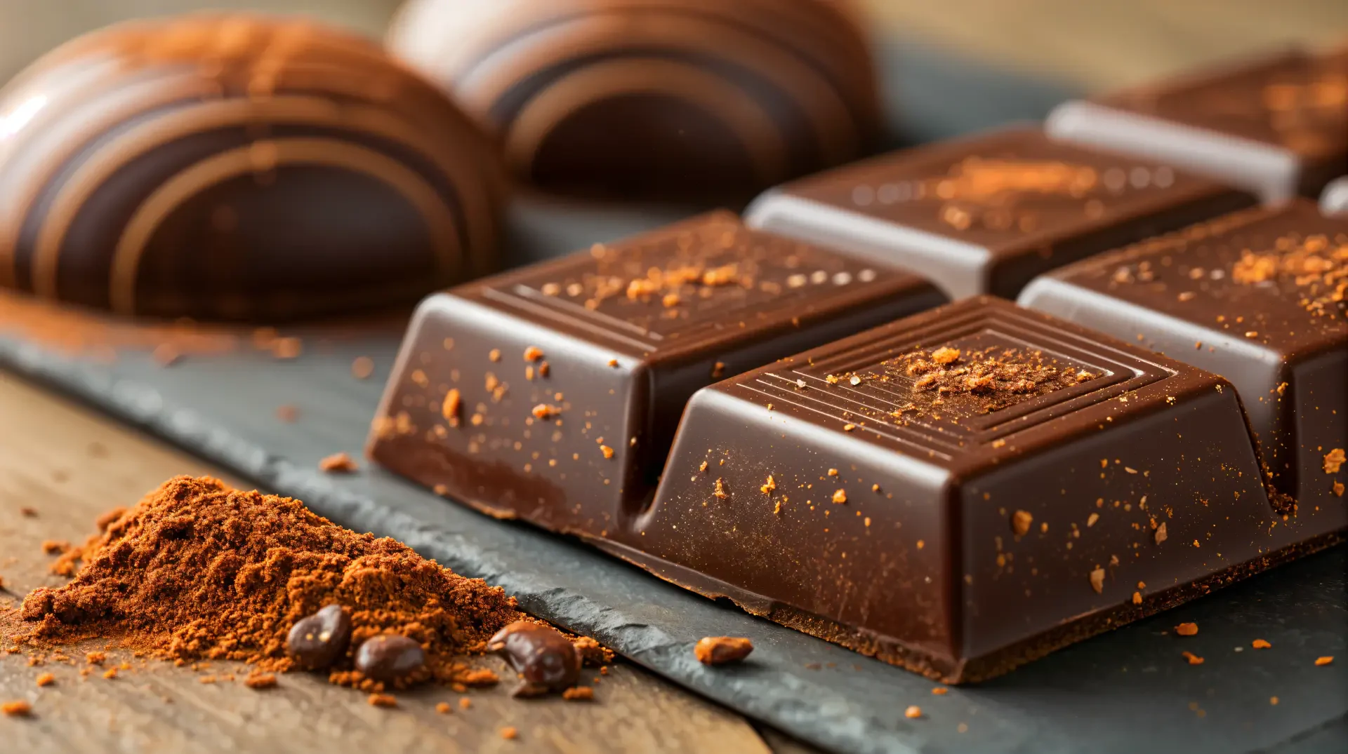 A close-up of artisanal chocolate bars and decorative chocolate pieces on a slate surface, accompanied by cocoa powder and beans, captured in stunning 4K Ultra HD quality.