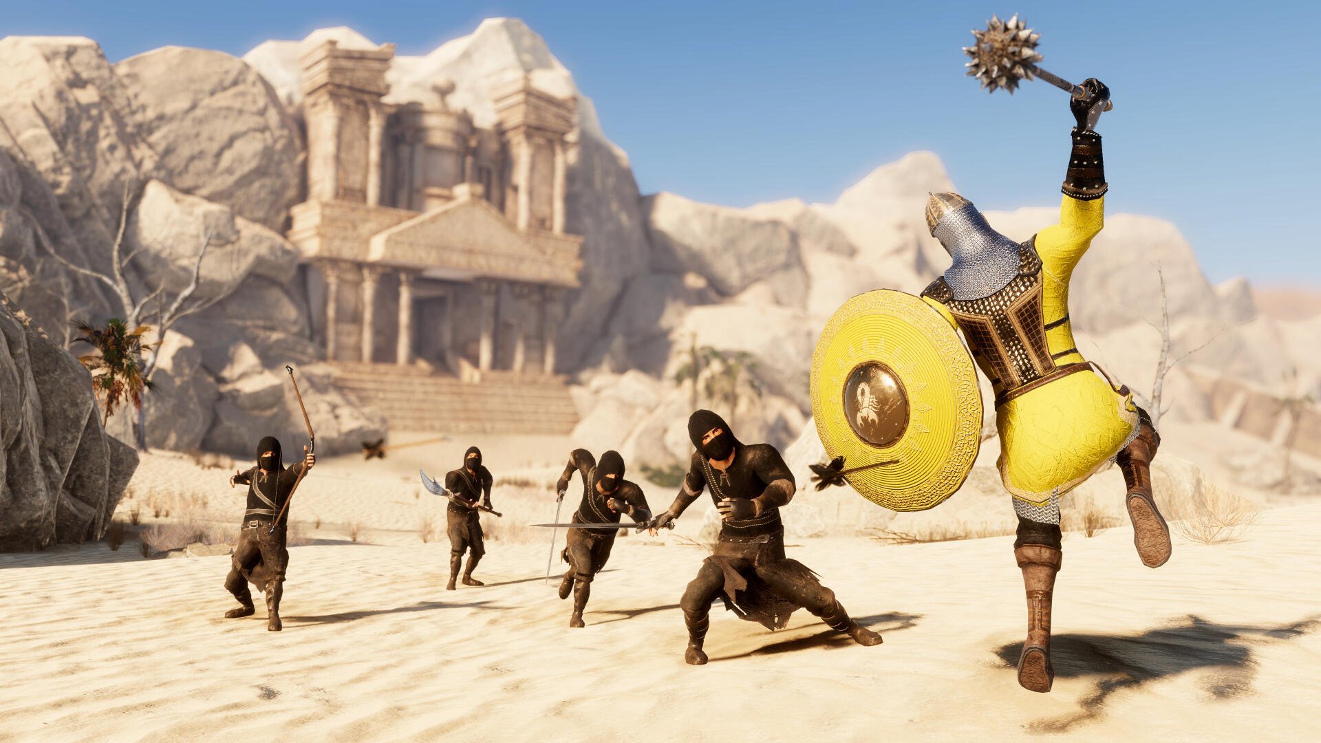 A vibrant 4K Ultra HD wallpaper from the video game Eyes of War, featuring a dynamic scene of a warrior in yellow armor facing off against shadowy enemies in a desert landscape.