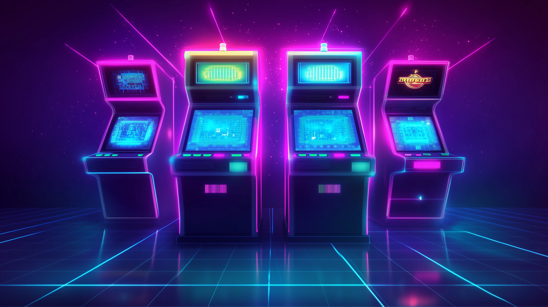 A vibrant HD desktop wallpaper featuring retro arcade machines in a neon glow, capturing the essence of 1980s style and retrowave aesthetics.