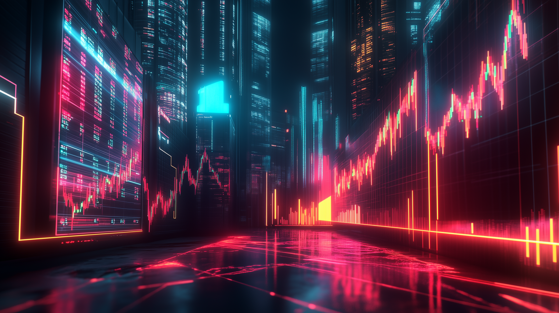 A futuristic stock market scene with vibrant light displays, featuring towering digital graphs and a sleek, reflective surface, serves as an HD desktop wallpaper and background.