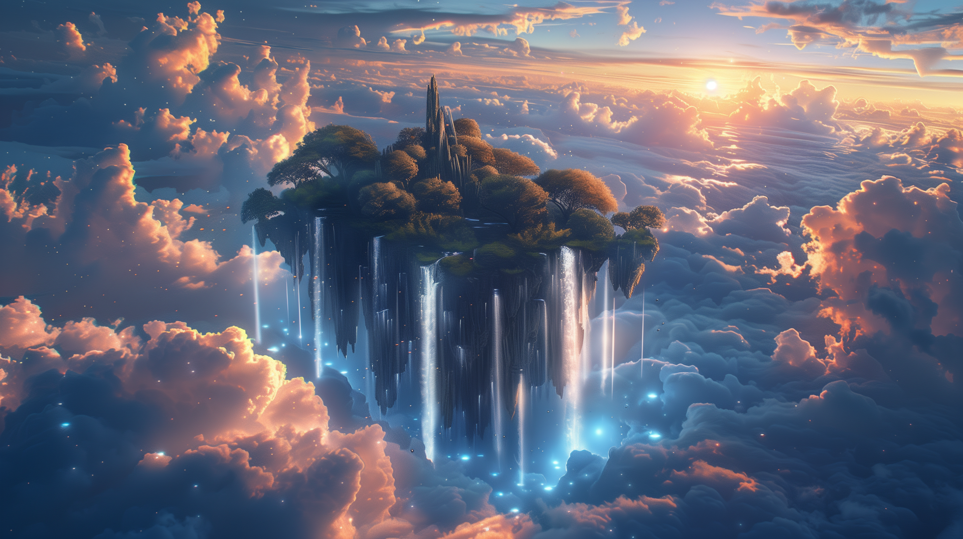 A stunning HD desktop wallpaper depicting a floating island amidst vibrant clouds and a colorful sky, featuring waterfalls cascading into the sea of clouds below.