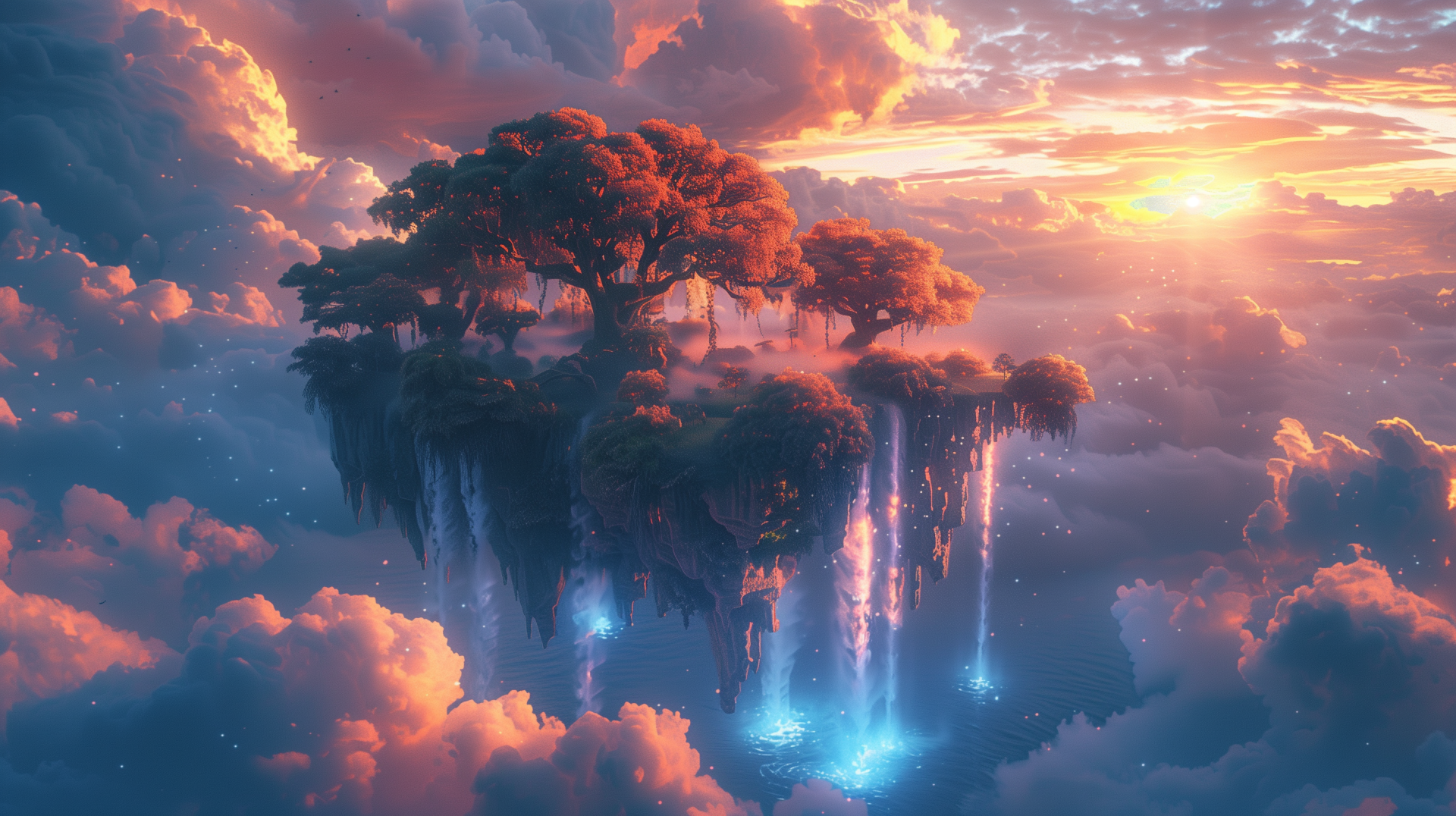 A stunning HD fantasy landscape of a floating island inspired by Yggdrasil, glowing with cascading lights and autumn foliage under a vibrant sky at fall.