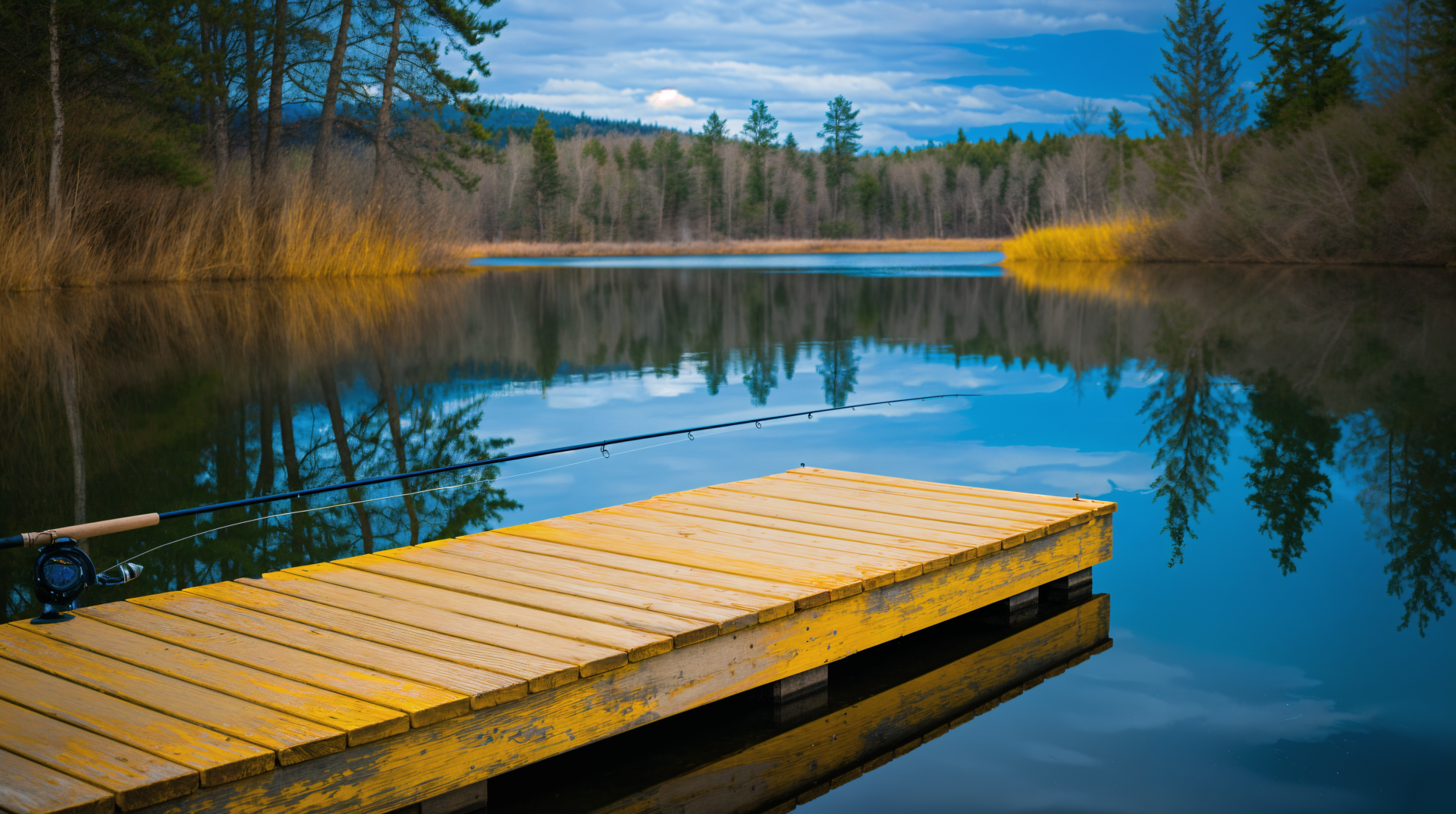 A serene, secluded fishing spot featuring a wooden dock by a tranquil lake, surrounded by lush trees and reflecting clouds in the clear water. Captured in vibrant 4K Ultra HD.