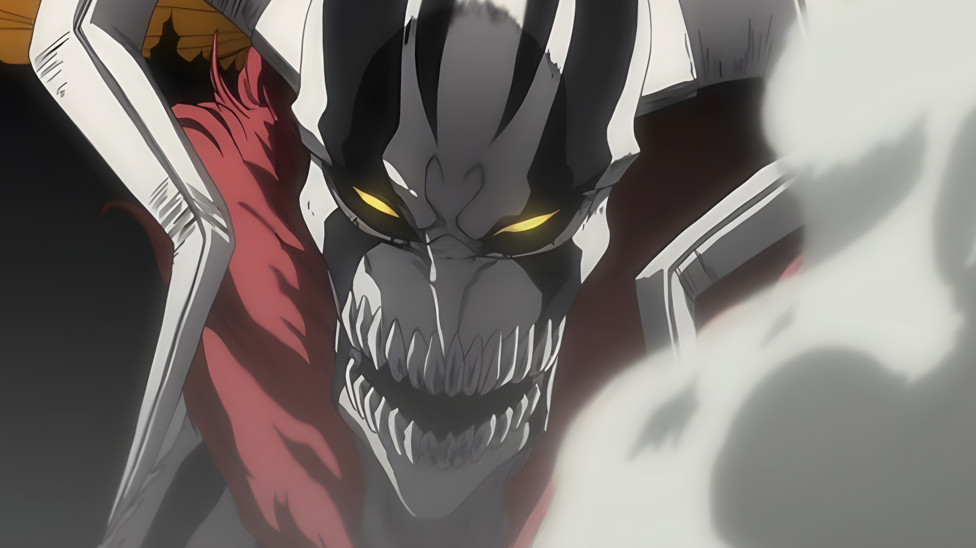Close-up of Vastolorde from Bleach with glowing yellow eyes and skeletal mask, set against a smoky background in this 4K Ultra HD PC desktop wallpaper.