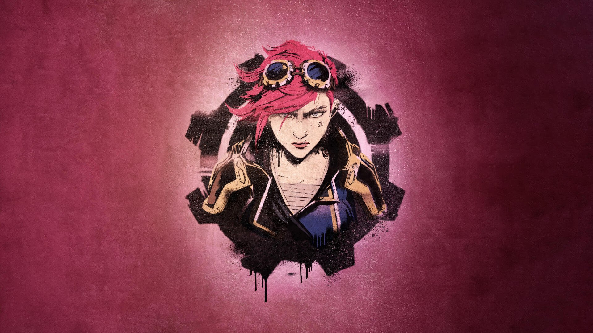 Arcane-themed 4K Ultra HD PC desktop wallpaper featuring a close-up of a character with red hair and goggles against a textured pink background.