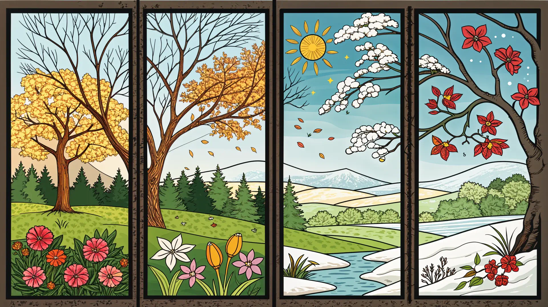 A vibrant 4K Ultra HD wallpaper showcasing the four seasons, featuring autumn leaves, blossoming flowers, winter snow, and spring greenery, set against a picturesque landscape.