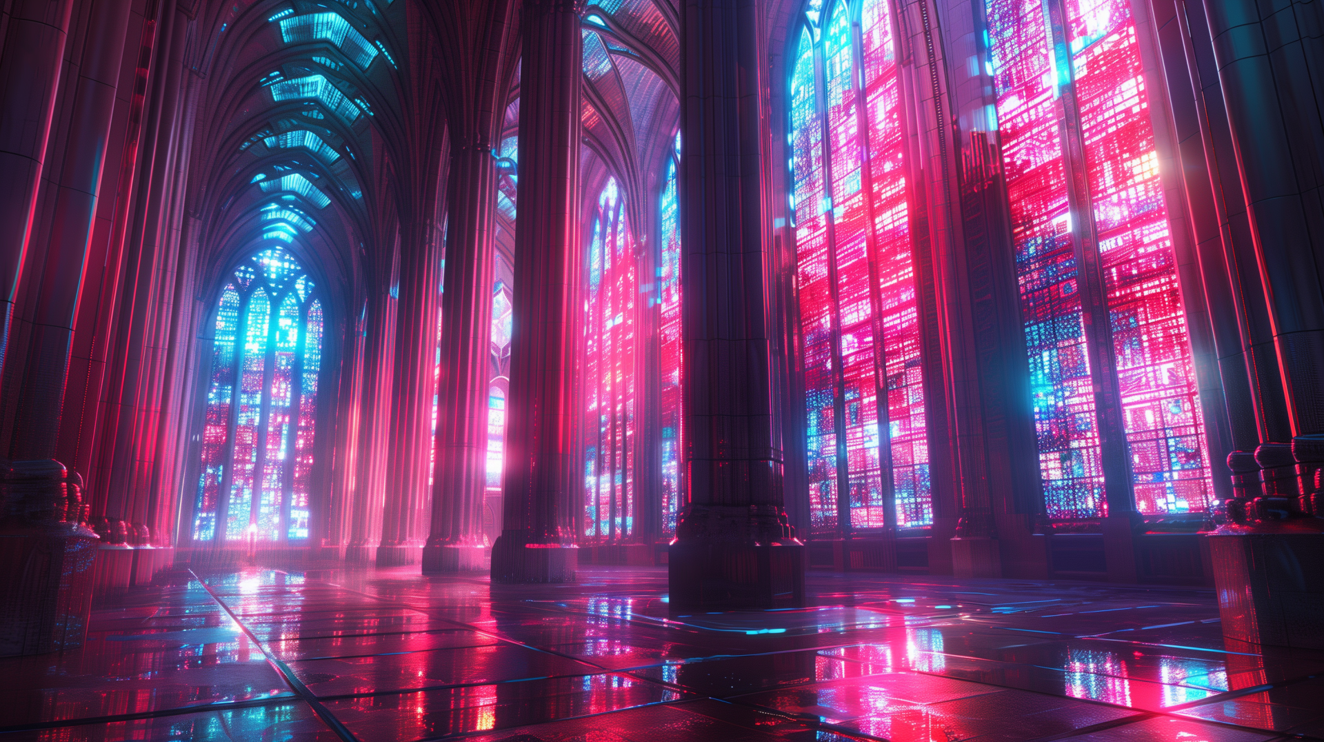 Futuristic cathedral interior with glowing neon stained glass windows casting vibrant pink and blue light, designed as an HD PC desktop wallpaper and background.