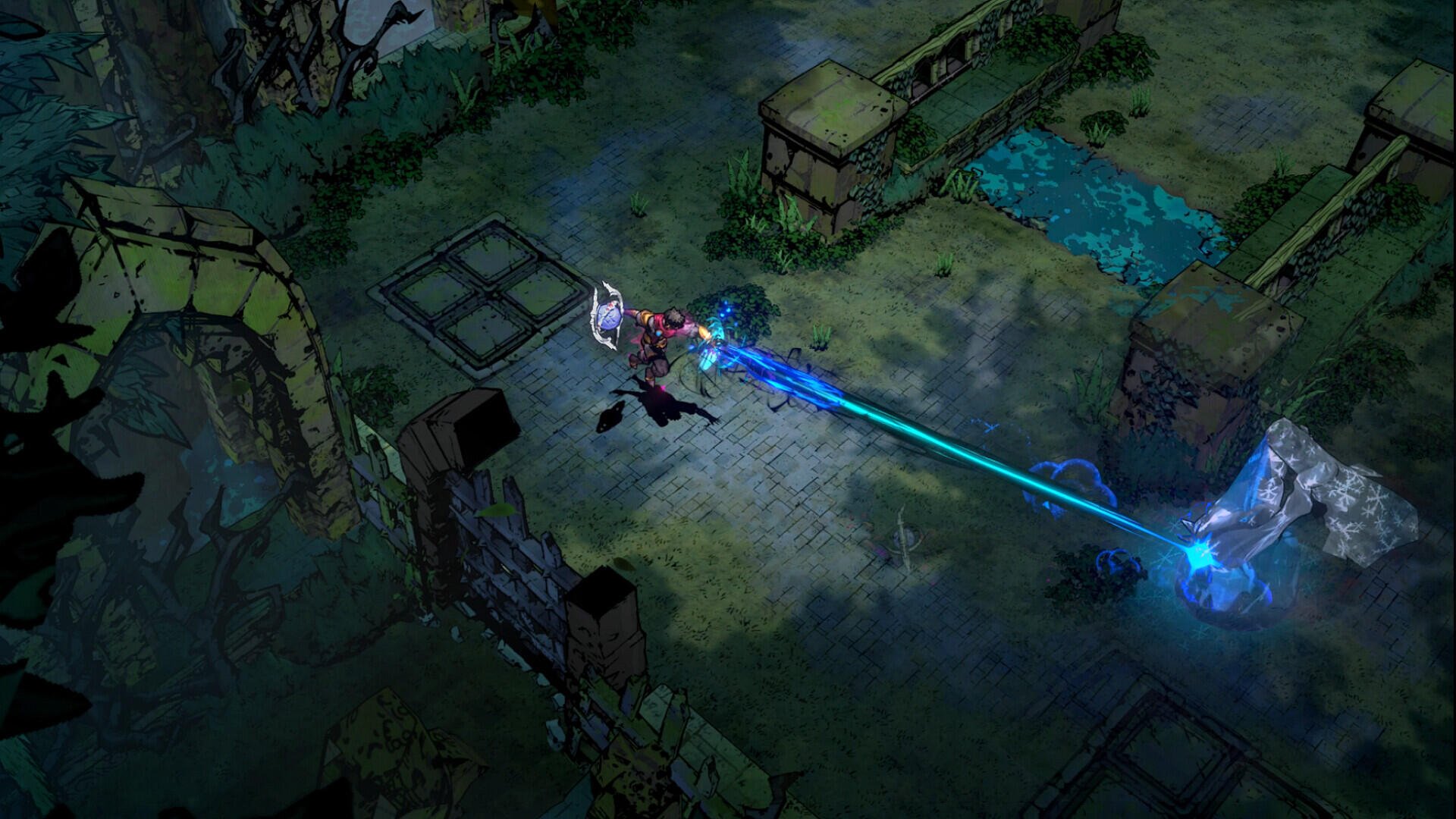 A dynamic HD wallpaper from the video game Sworn, featuring a character wielding energy projectiles in a vibrant, atmospheric environment filled with ruins and foliage.