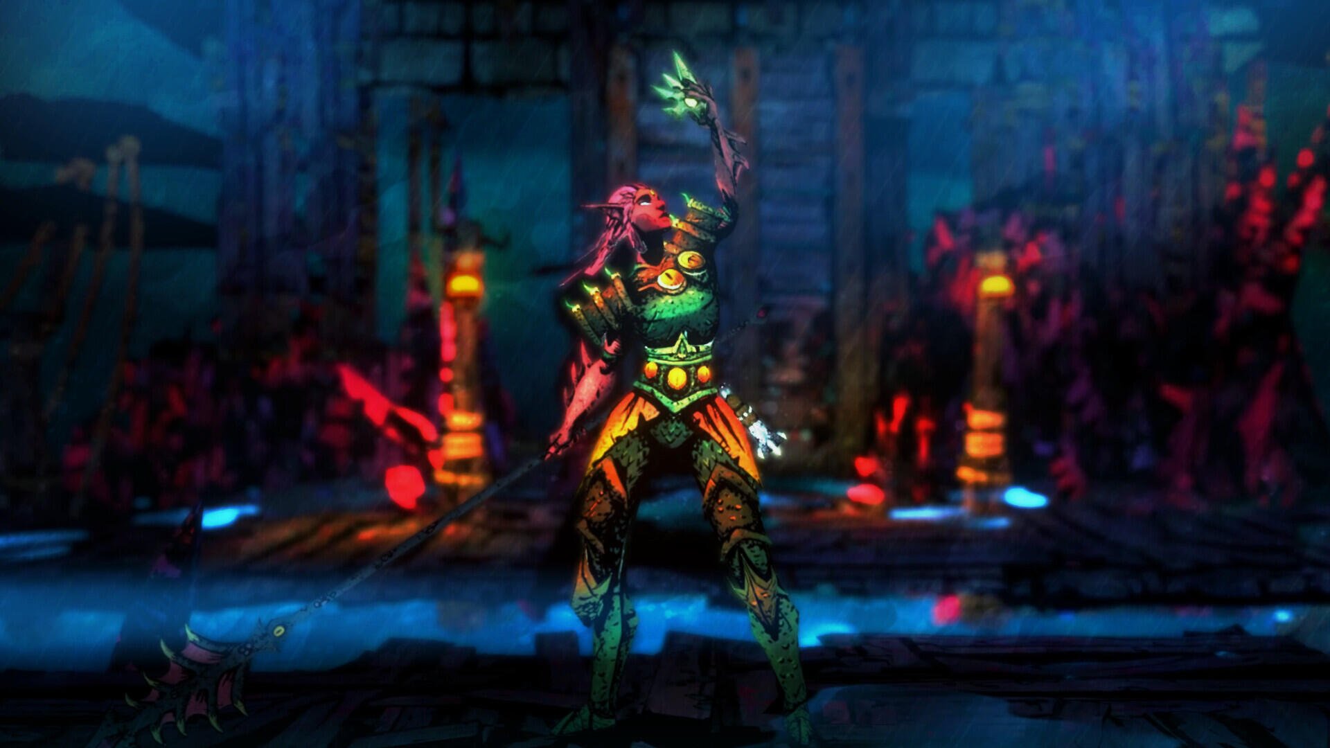 A vibrant HD desktop wallpaper featuring a character from the video game Sworn, set against a dynamic, colorful background of stylized ruins and glowing elements.