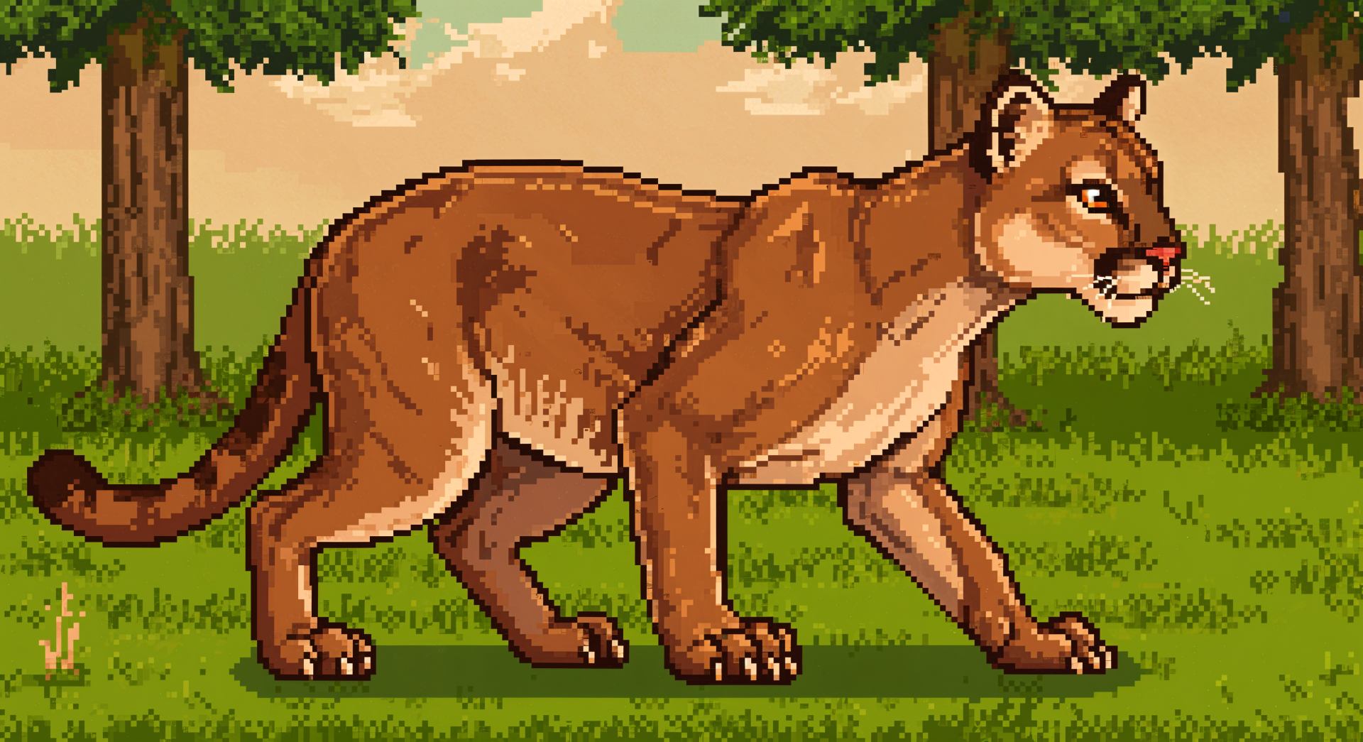 A stylized cougar walks through a lush green landscape, featuring trees and a serene background, captured in vibrant detail as a 4K Ultra HD PC desktop wallpaper.