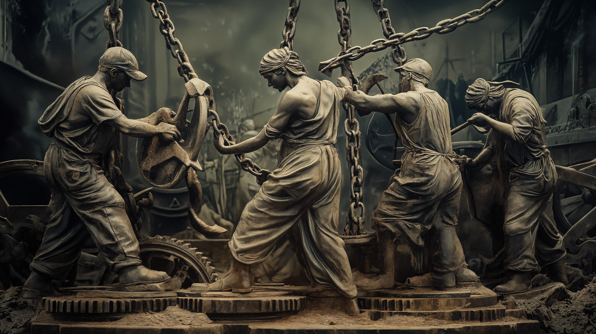 A dramatic 4K Ultra HD wallpaper depicting hardworking men in a gritty industrial setting, engaged in labor amidst chains and machinery, symbolizing the concept of wage slavery.