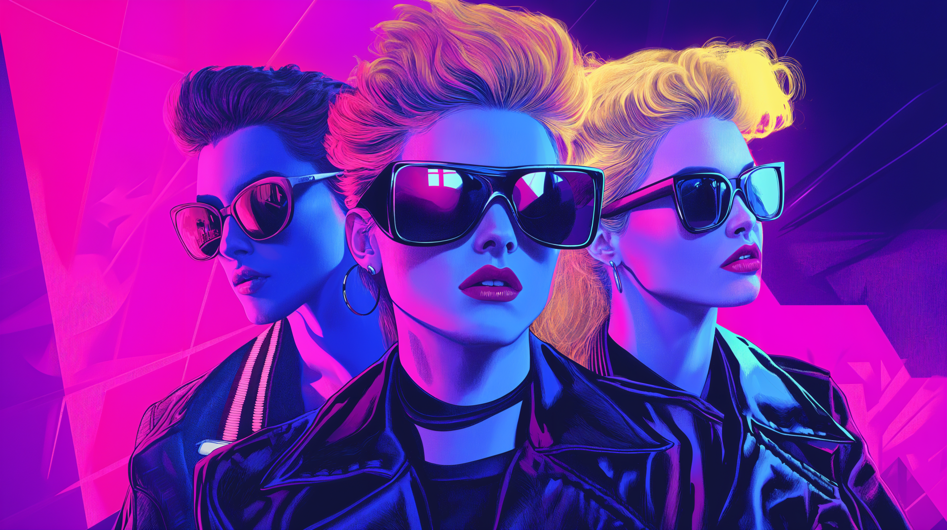 Four vibrant 90s retro figures wearing sunglasses in neon synthwave style, rendered in 4K Ultra HD with bold colors and sharp contrasts for a PC desktop wallpaper.