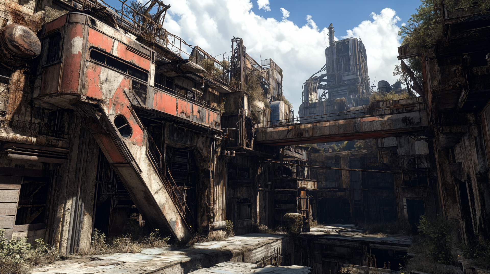 A detailed post-apocalyptic cityscape, showcasing dilapidated buildings and overgrown structures under a cloudy sky, designed as a stunning 4K Ultra HD desktop wallpaper.