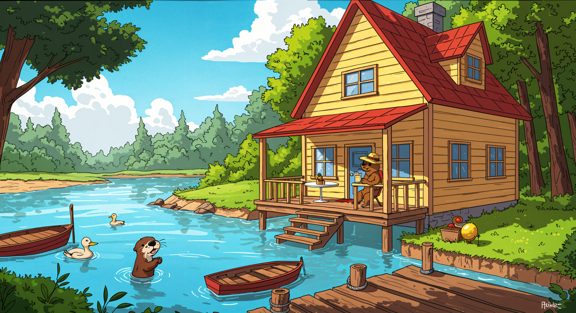 A charming lake house by a serene blue lake, featuring a dock, a woman relaxing on the porch, and playful wildlife, set against a backdrop of lush greenery and bright skies.