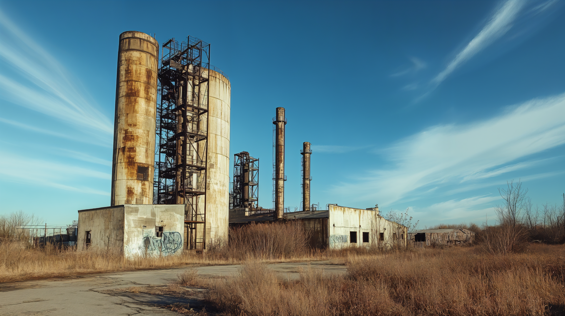 An abandoned factory with rusty silos and smokestacks, surrounded by overgrown grass, under a clear blue sky. A striking 4K Ultra HD desktop wallpaper and background.