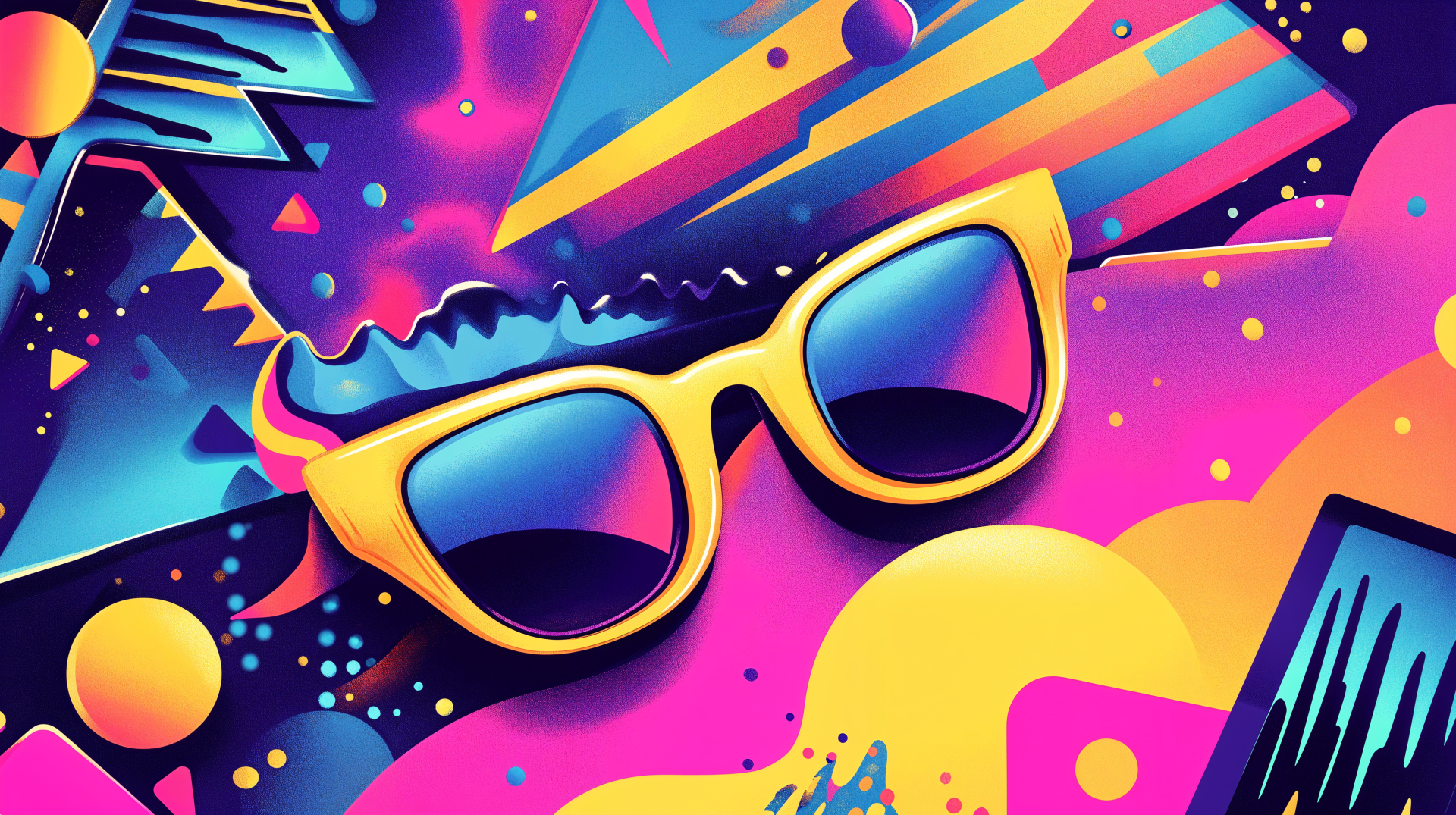 A vibrant 4K Ultra HD digital art wallpaper featuring retro 80s-style colorful abstract shapes and bold yellow sunglasses.