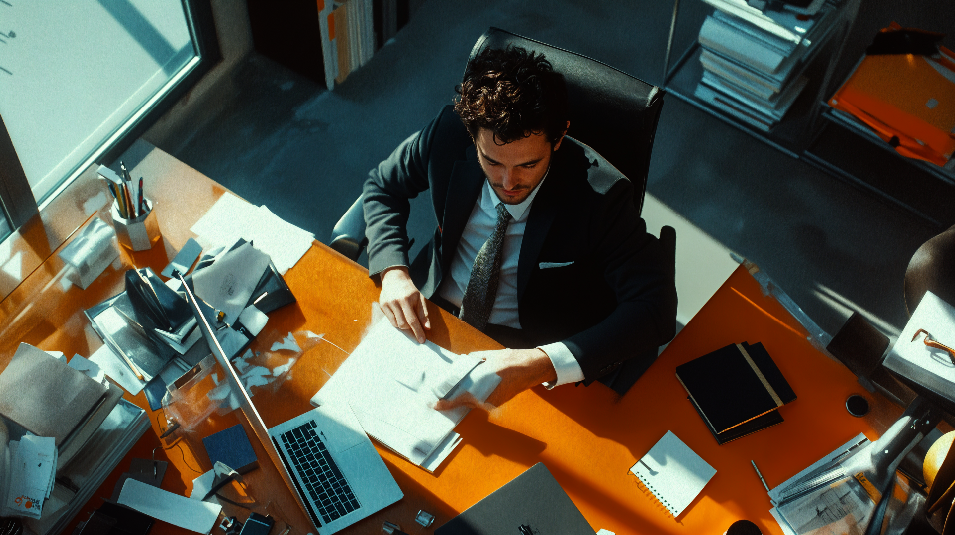 A man sits at a cluttered desk in a modern office, engaged in paperwork, surrounded by a laptop and various documents, capturing the essence of a 9 to 5 job in this 4K Ultra HD wallpaper.