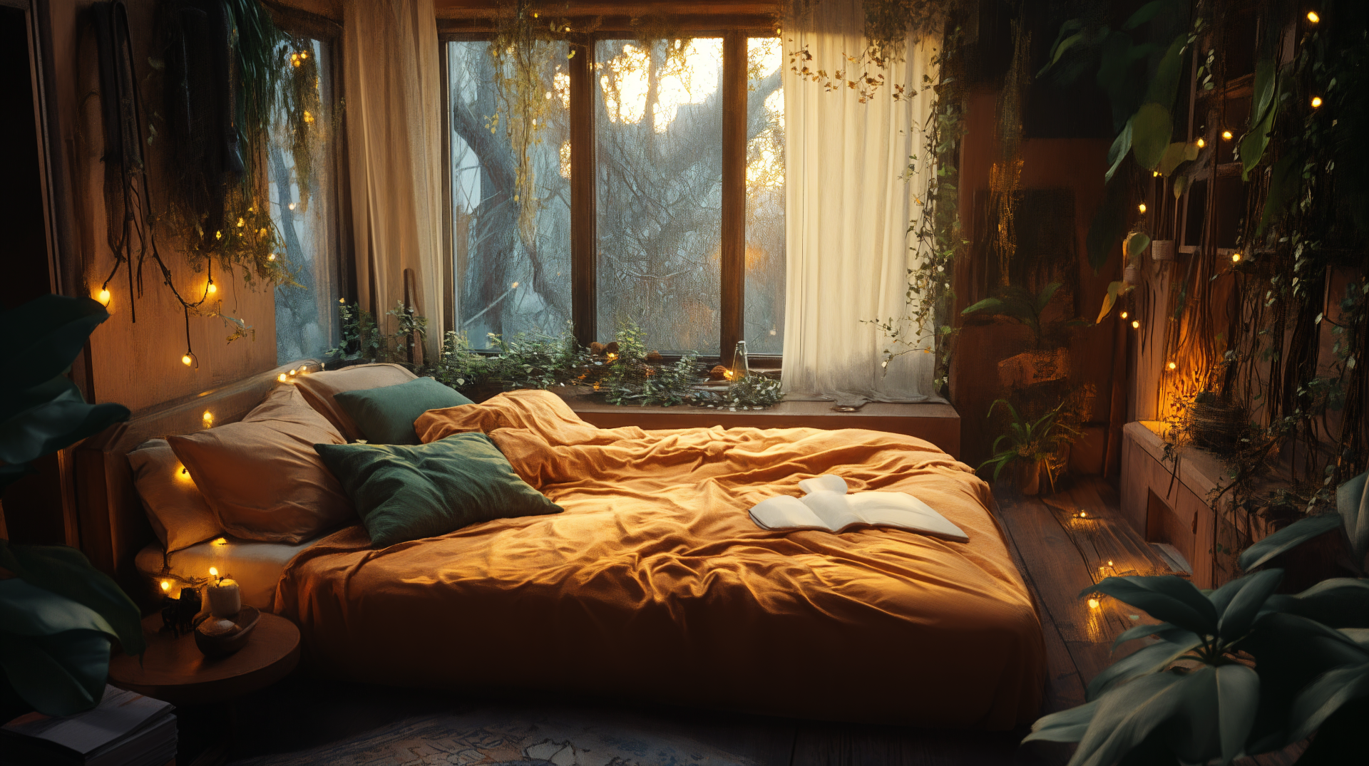 A cozy aesthetic bedroom featuring a warm, mustard-colored bedspread, surrounded by lush greenery and soft lighting, captured in stunning 4K Ultra HD for a serene ambiance.
