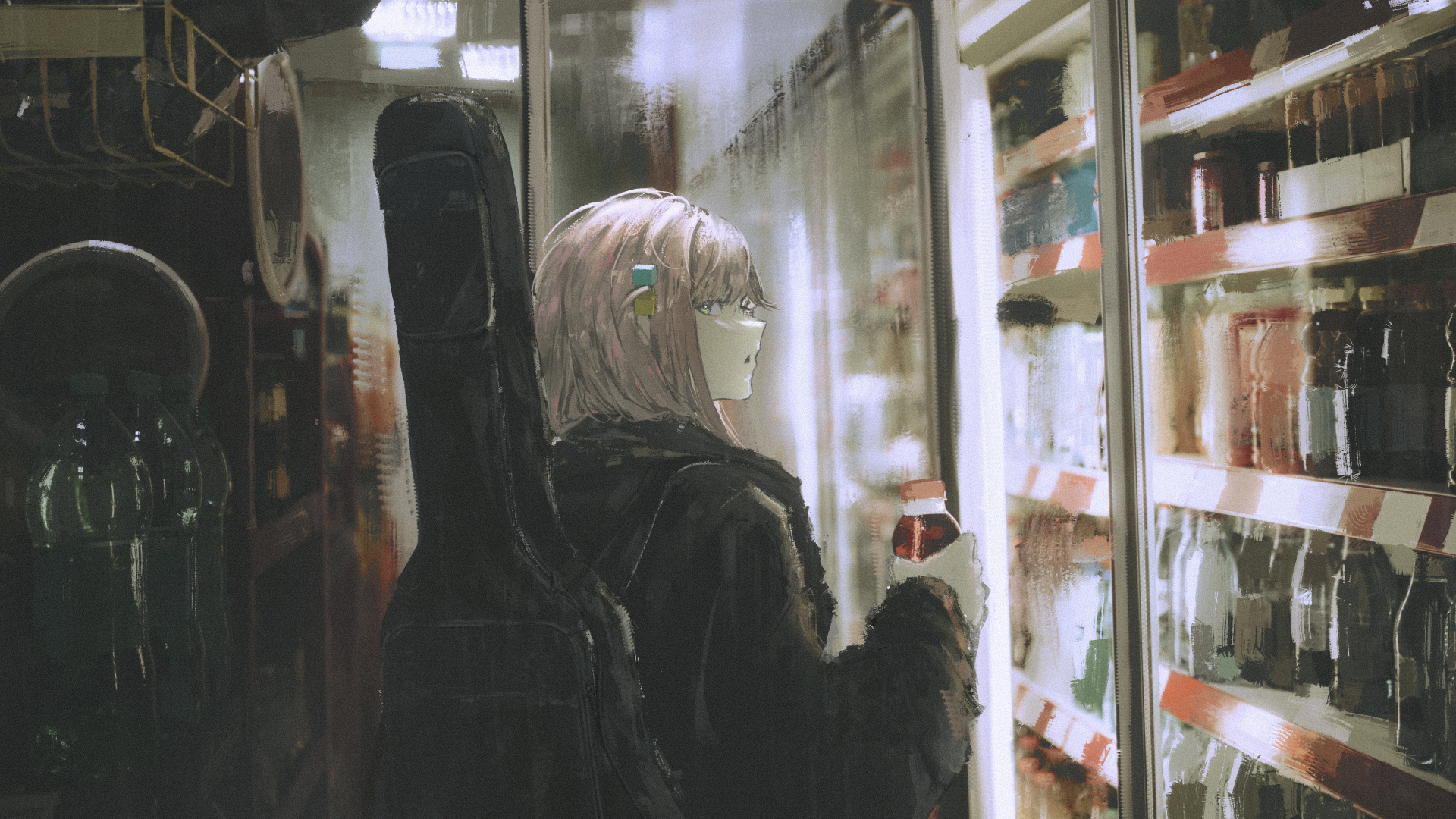 4K Ultra HD anime wallpaper featuring Hitori Gotou from Bocchi the Rock! standing in front of a vending machine with her guitar case on her back.