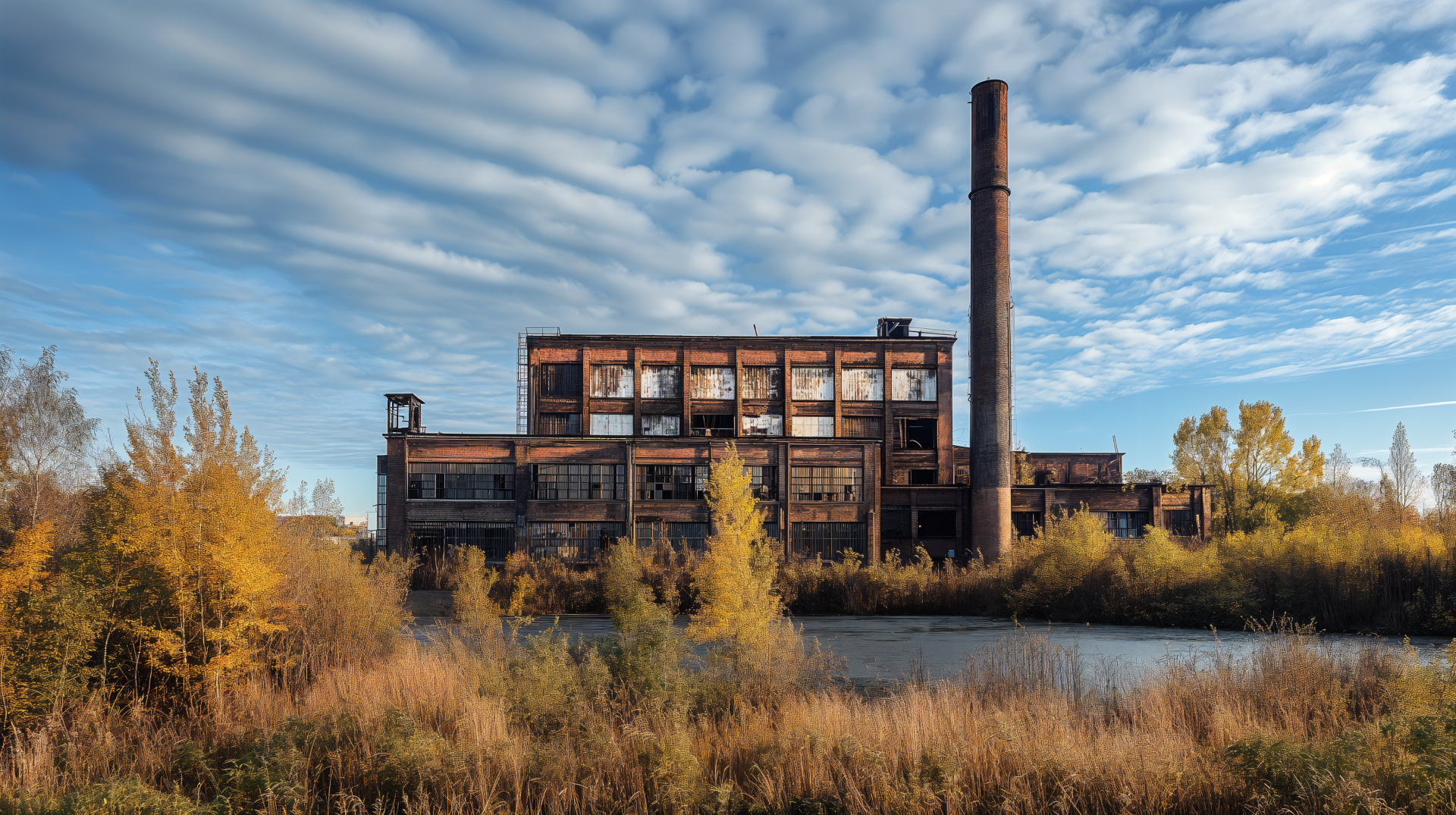 A striking abandoned factory stands by a calm body of water, surrounded by golden foliage and under a dramatic sky, making a captivating 4K Ultra HD desktop wallpaper.