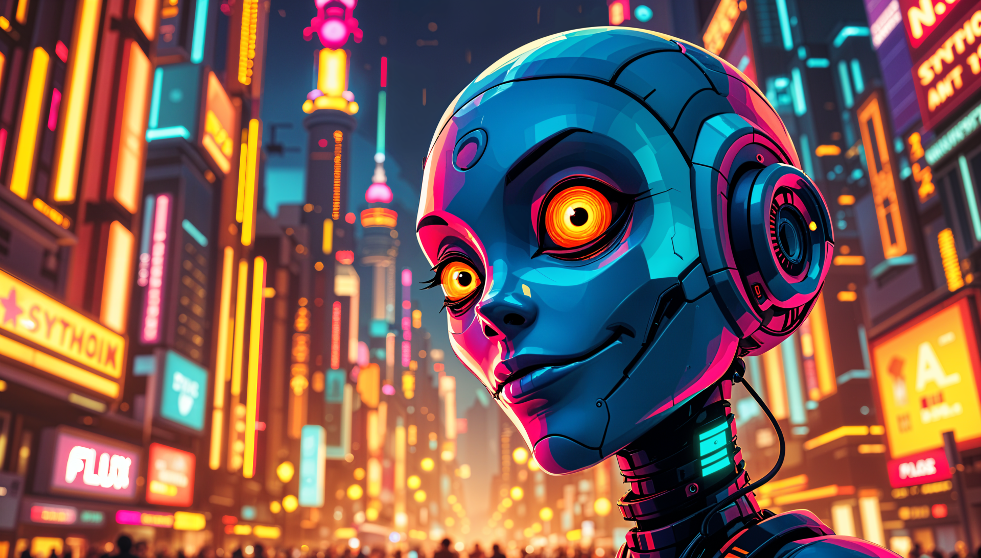 A vibrant Synthoid portrait set against a futuristic cityscape, featuring neon lights and a colorful backdrop, showcased as a 4K Ultra HD PC desktop wallpaper.