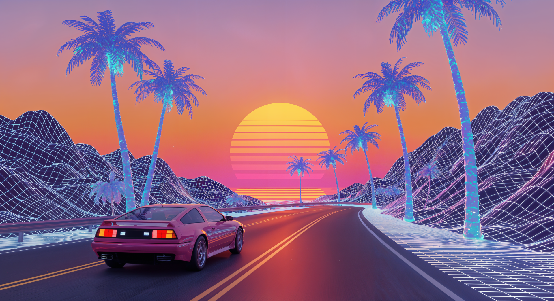 A vibrant 4K Ultra HD wallpaper featuring a retro car driving along a winding road, with neon palm trees and a stunning sunset in an Outrun-inspired landscape.