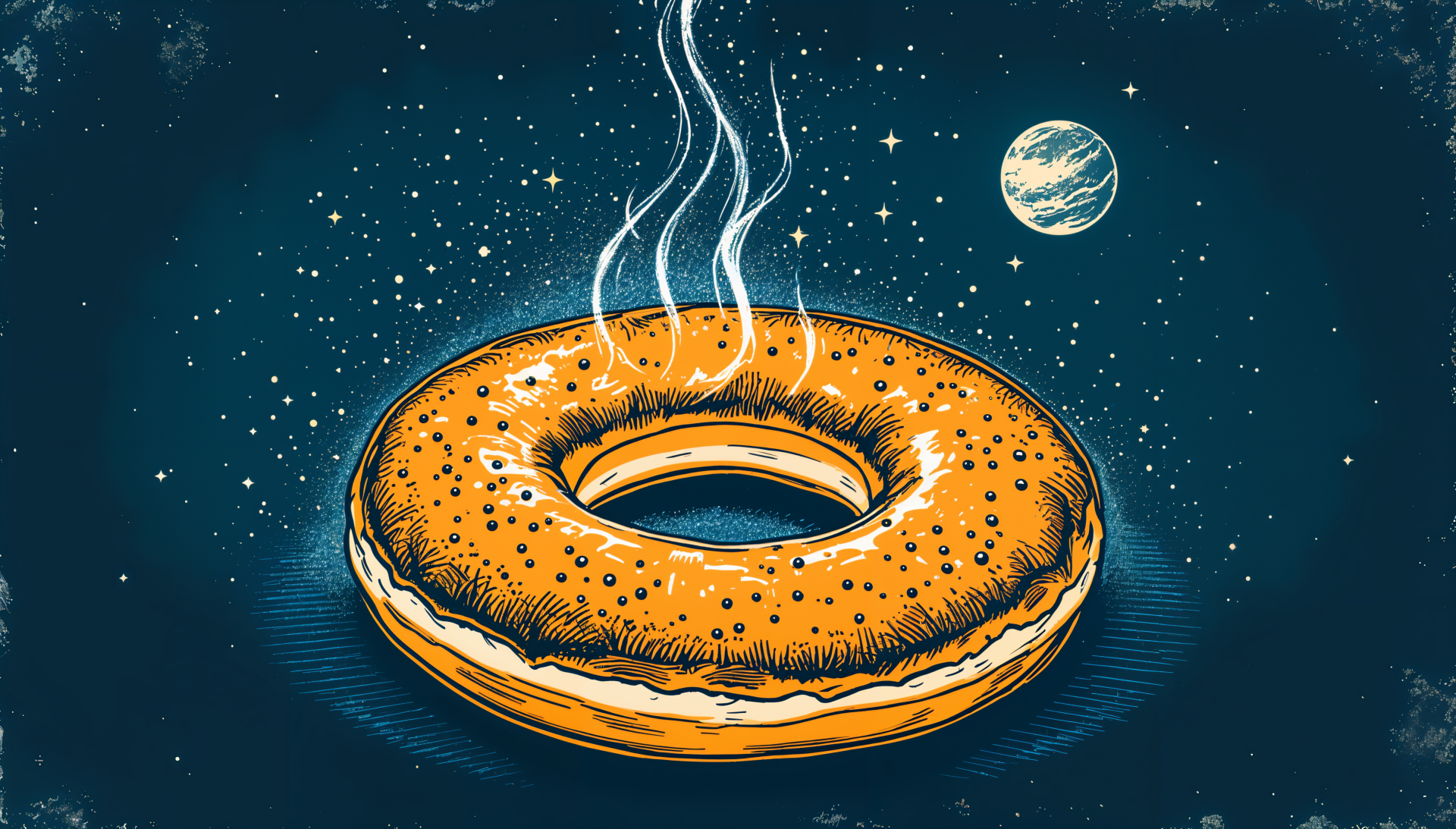 A colorful, illustrated bagel emits steam in a cosmic background, featuring stars and a distant planet, designed as a vibrant 4K Ultra HD PC desktop wallpaper.