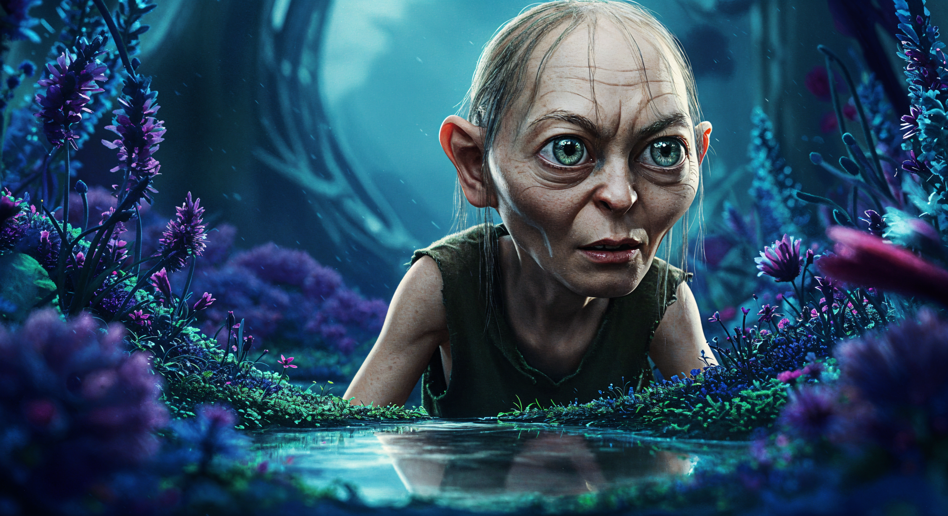 A detailed 4K Ultra HD wallpaper featuring Gollum, depicted in a mystical forest setting with vibrant flora and a reflective pool, highlighting his intense gaze and unique features.