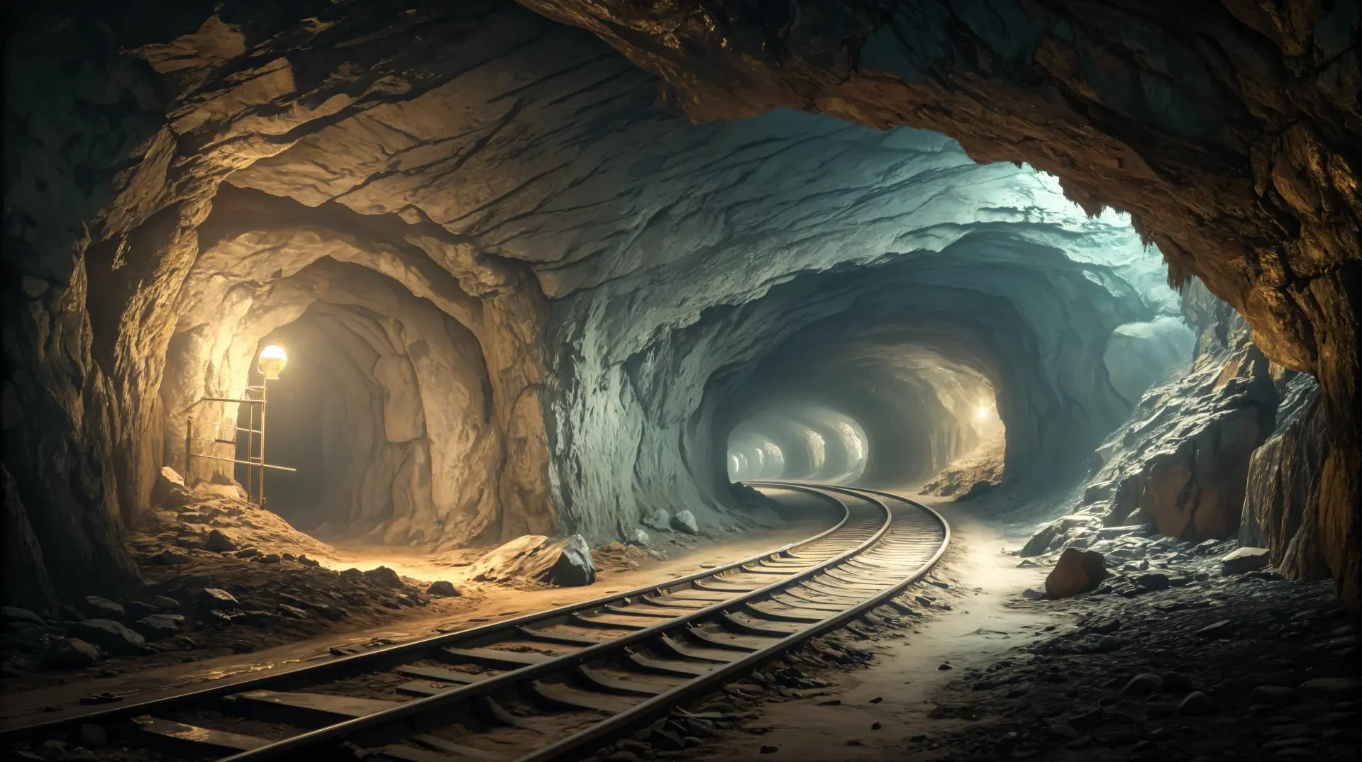 A mesmerizing underground scene featuring winding train tracks illuminated by soft light, showcasing the rugged texture of cave walls in a 4K Ultra HD desktop wallpaper.